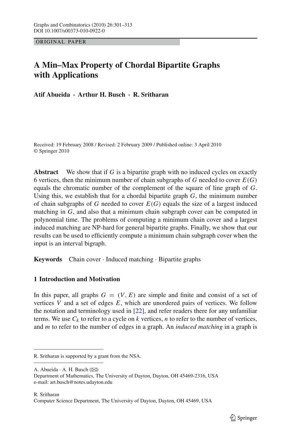 A Min–Max Property of Chordal Bipartite Graphs with Applications