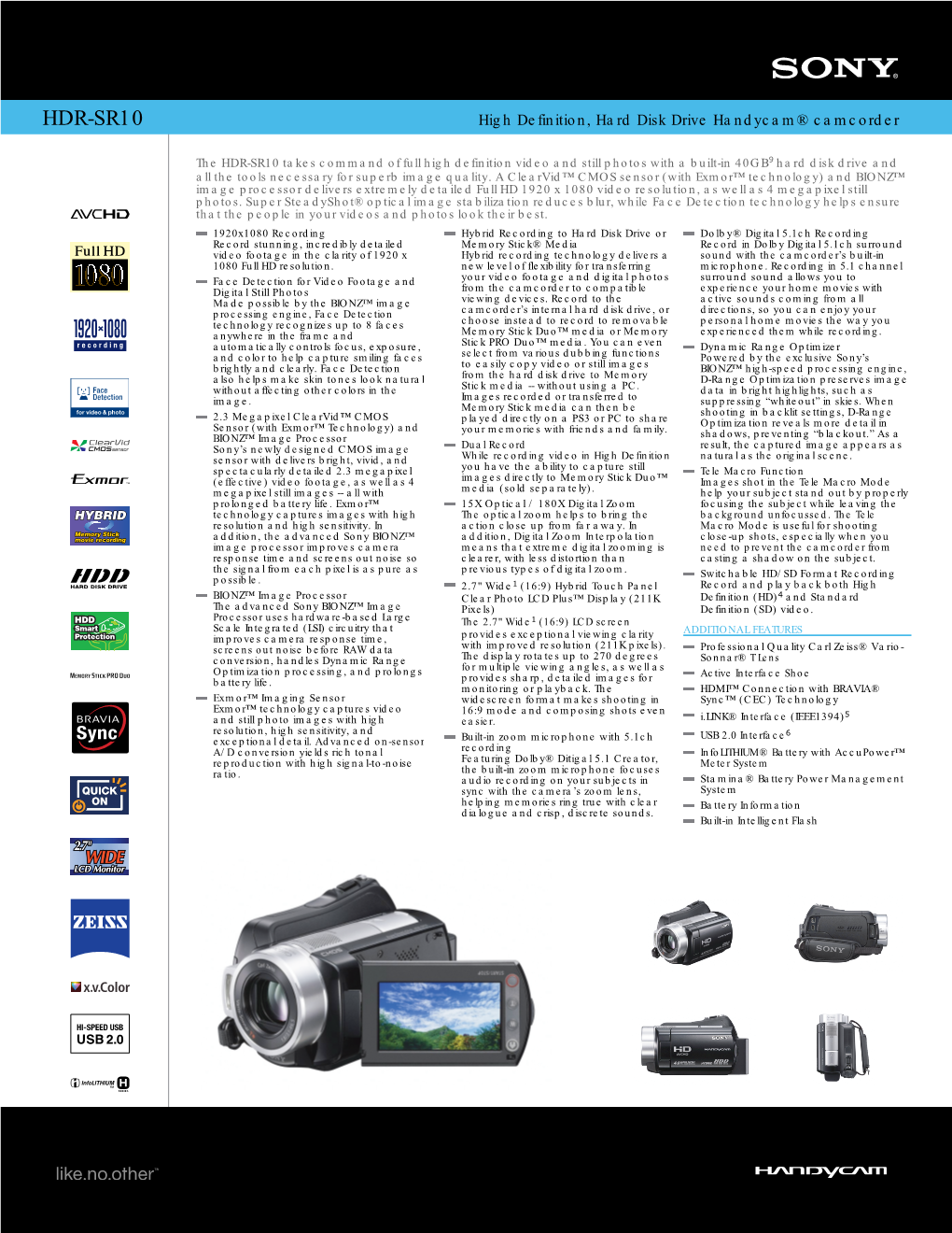 HDR-SR10 High Definition, Hard Disk Drive Handycam® Camcorder