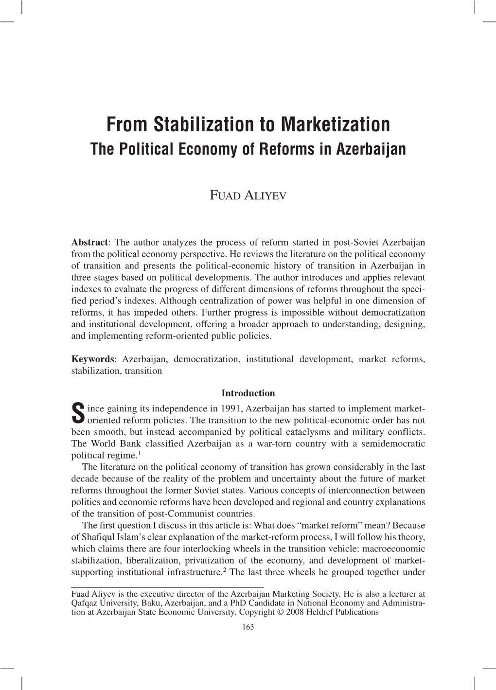 From Stabilization to Marketization the Political Economy of Reforms in Azerbaijan