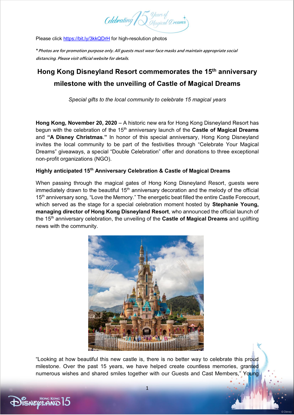 Hong Kong Disneyland Resort Commemorates the 15Th Anniversary Milestone with the Unveiling of Castle of Magical Dreams