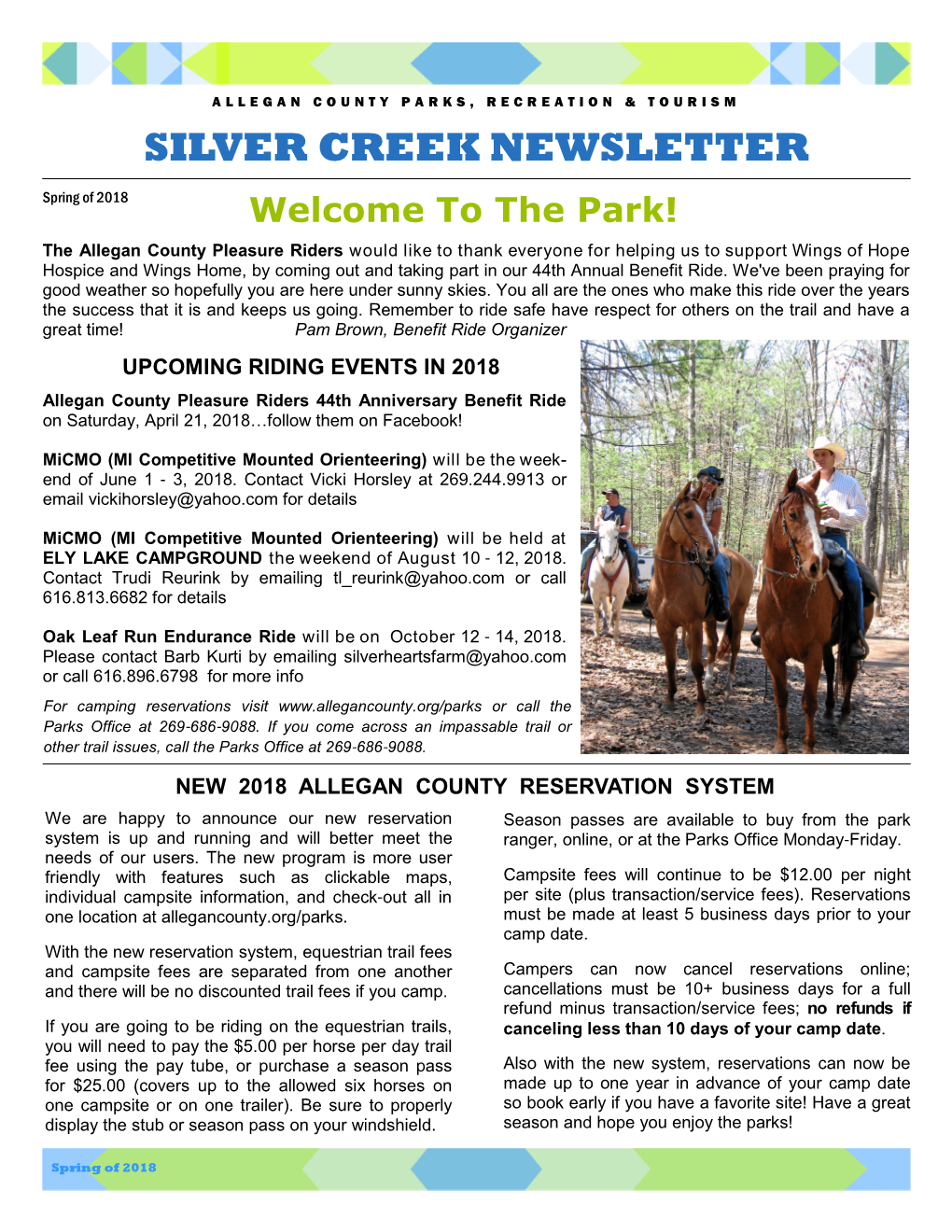 SILVER CREEK NEWSLETTER Spring of 2018 Welcome to the Park!