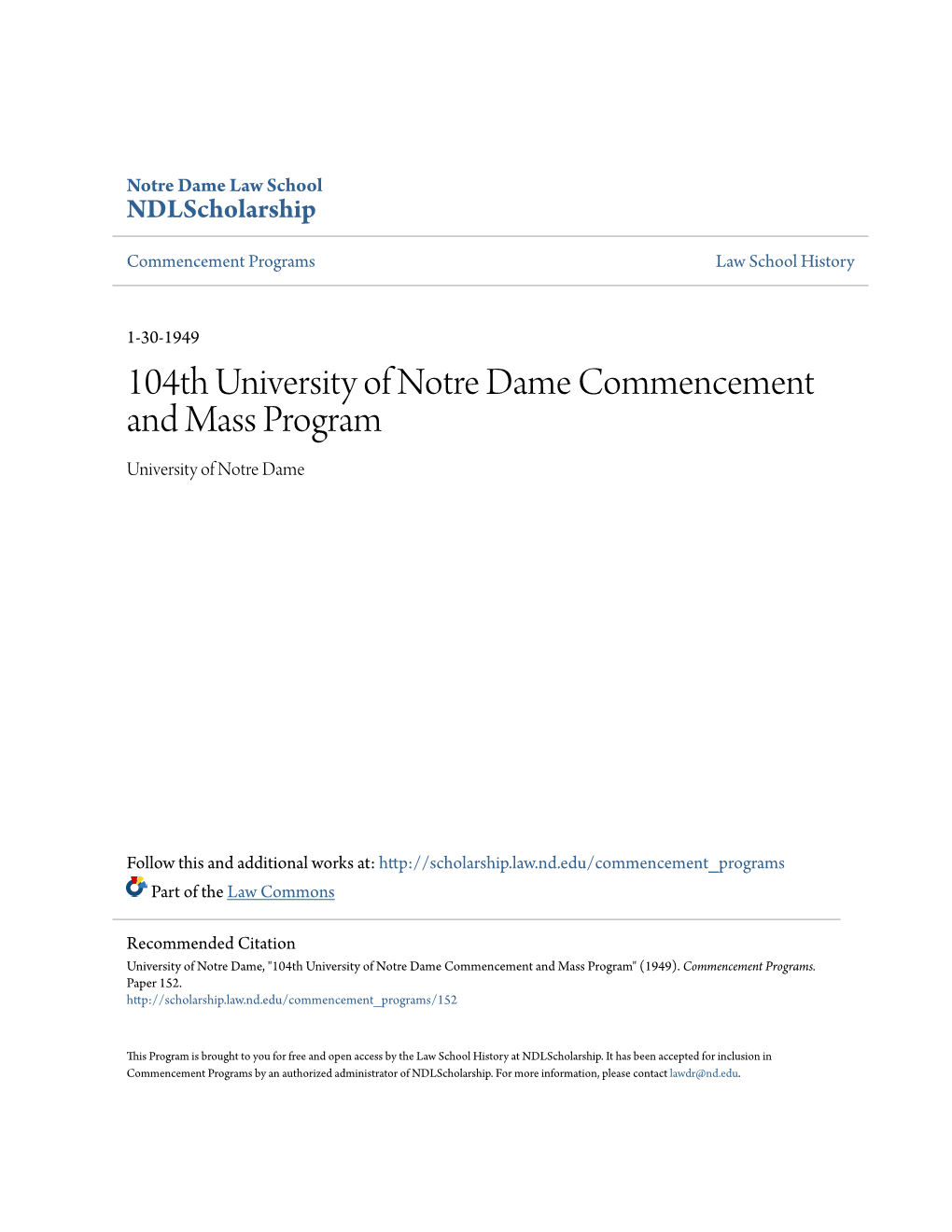 104Th University of Notre Dame Commencement and Mass Program University of Notre Dame