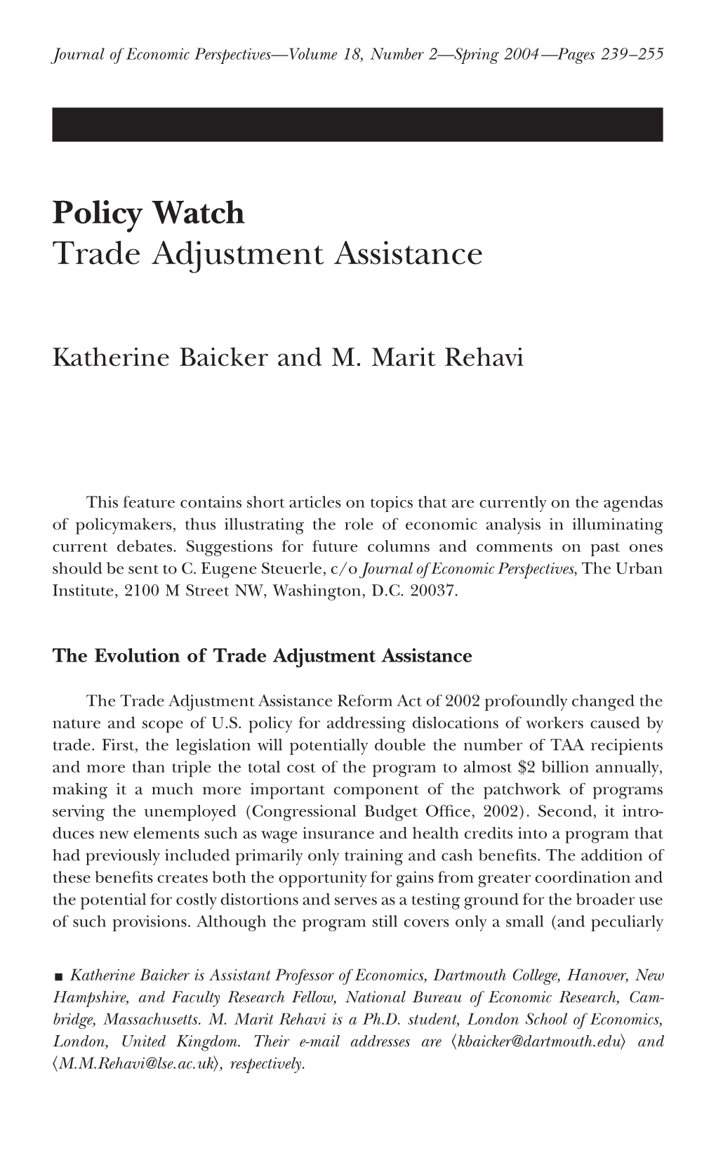 Policy Watch Trade Adjustment Assistance