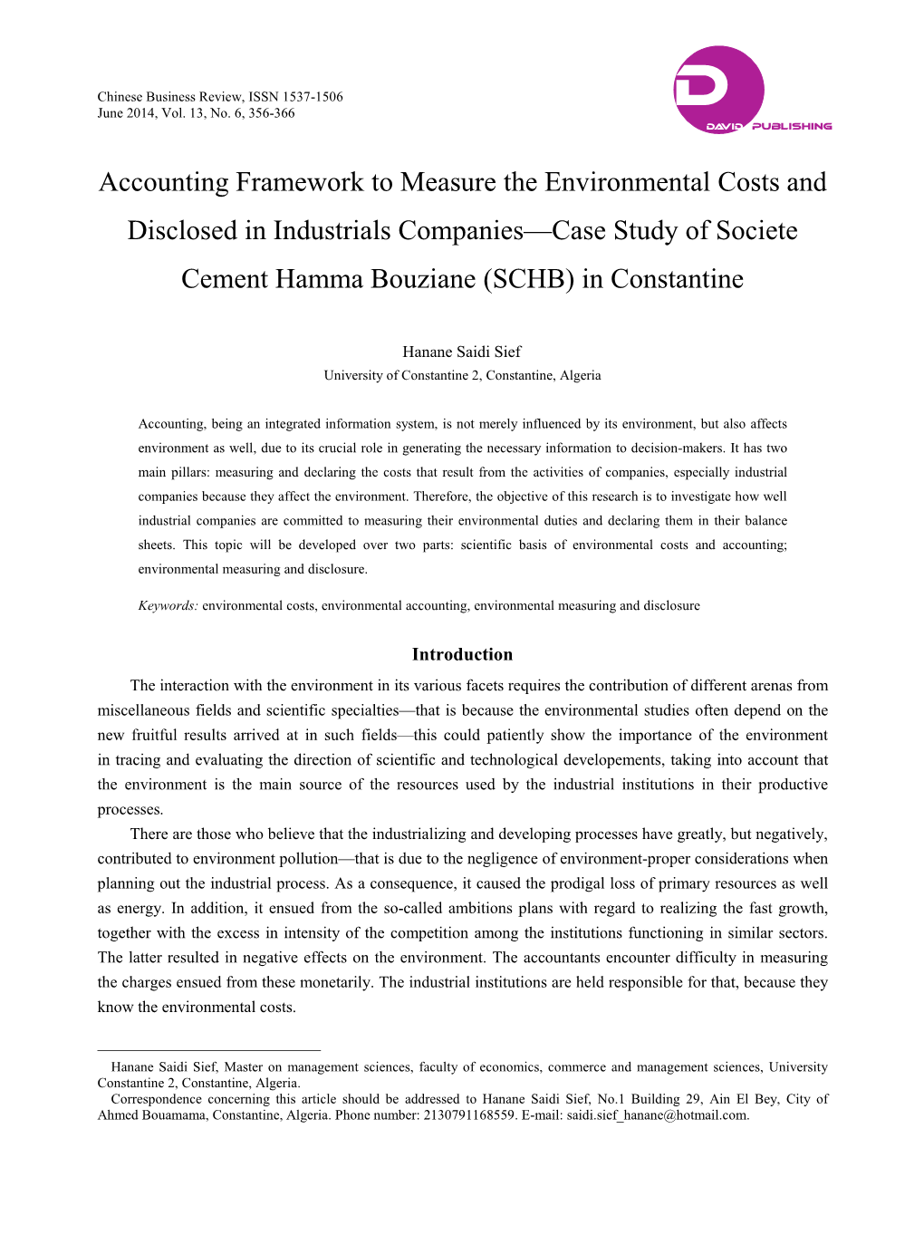 Accounting Framework to Measure the Environmental Costs and Disclosed in Industrials Companies—Case Study of Societe Cement Hamma Bouziane (SCHB) in Constantine