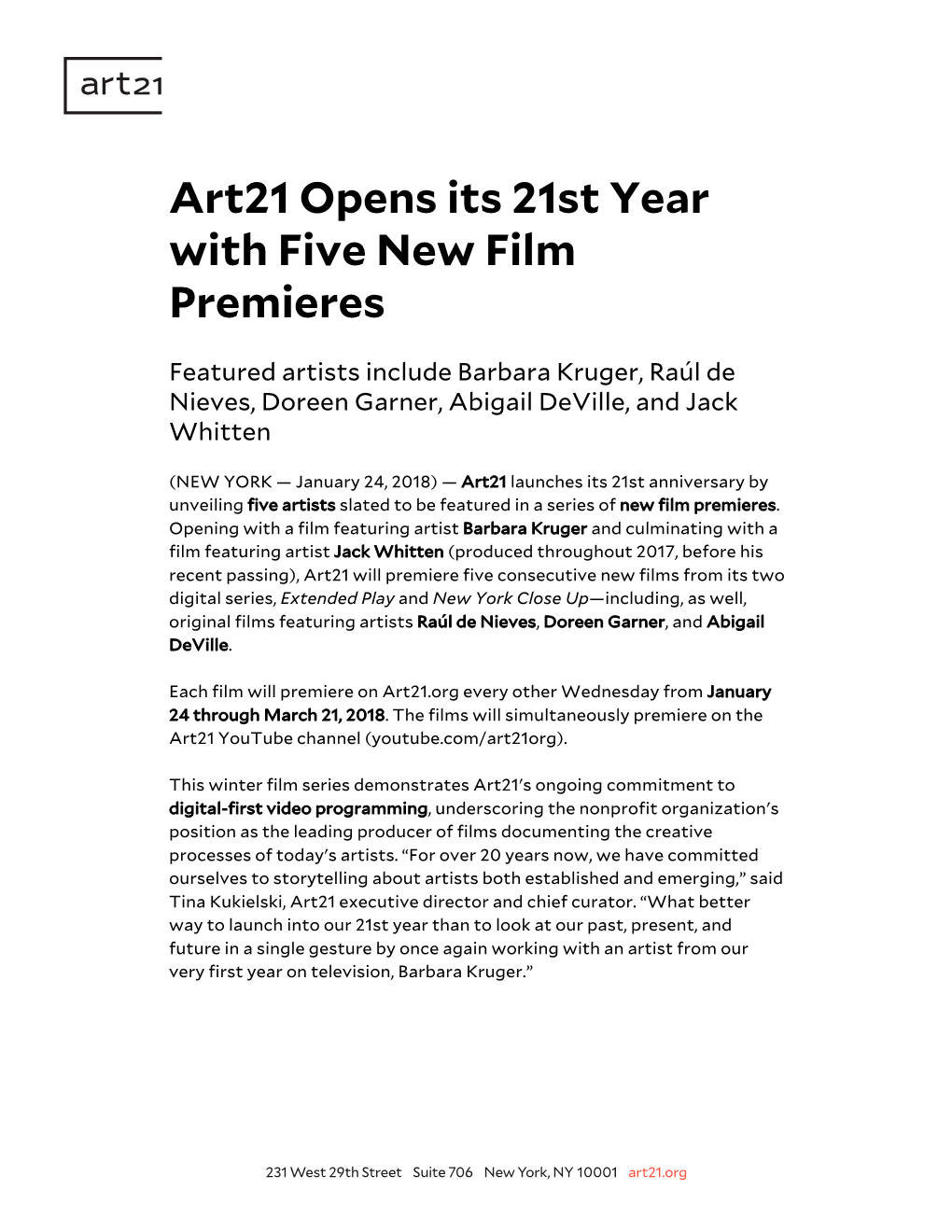 Art21 Opens Its 21St Year with Five New Film Premieres