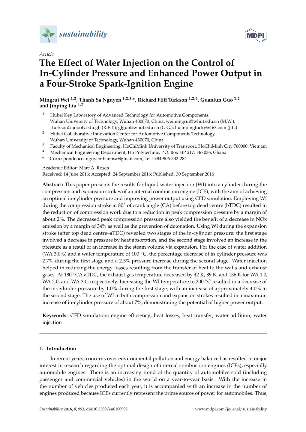 The Effect of Water Injection on the Control of In-Cylinder Pressure and Enhanced Power Output in a Four-Stroke Spark-Ignition Engine