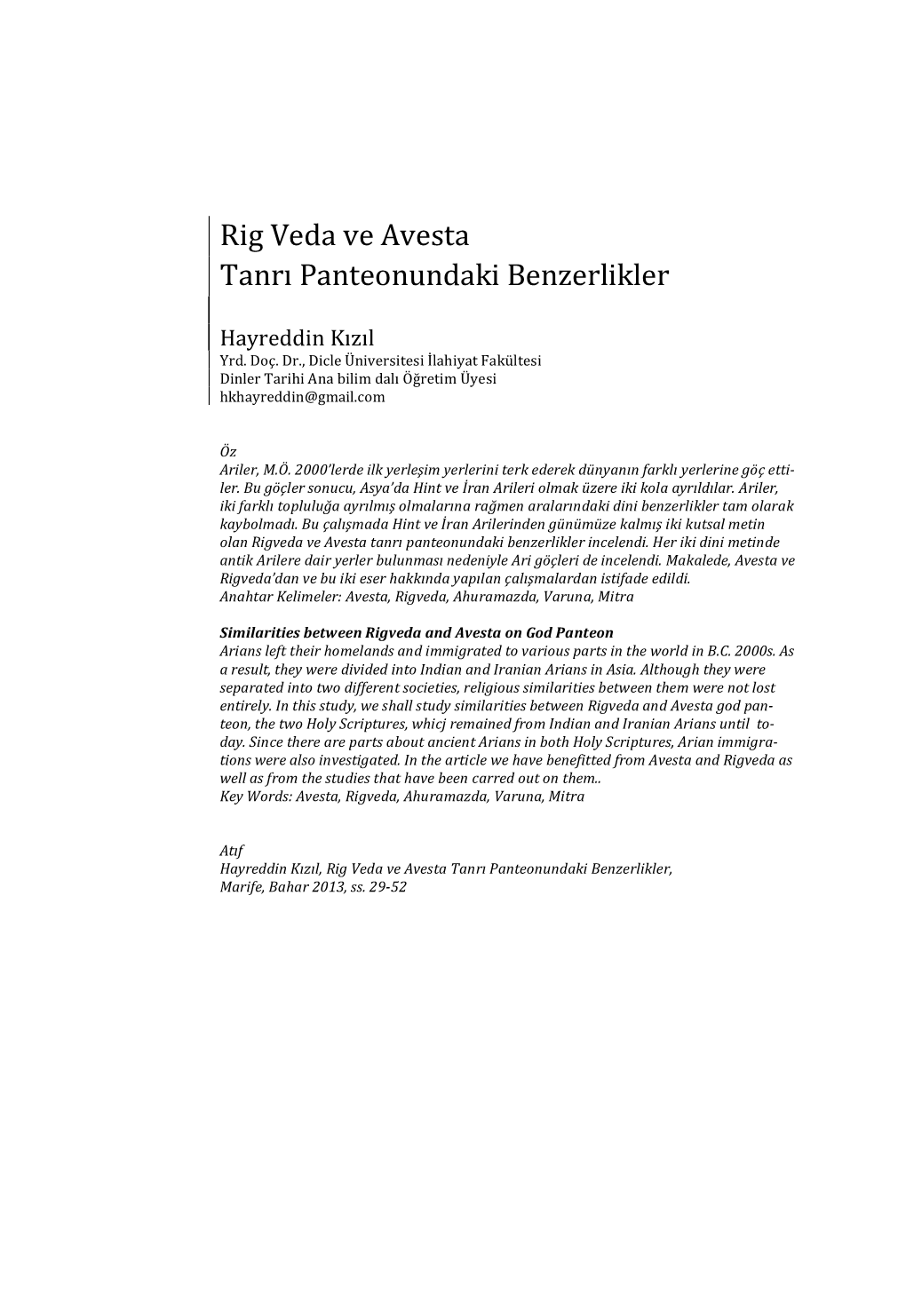 Rig Veda Ve Avesta Tanrı Panteonundaki Benzerlikler