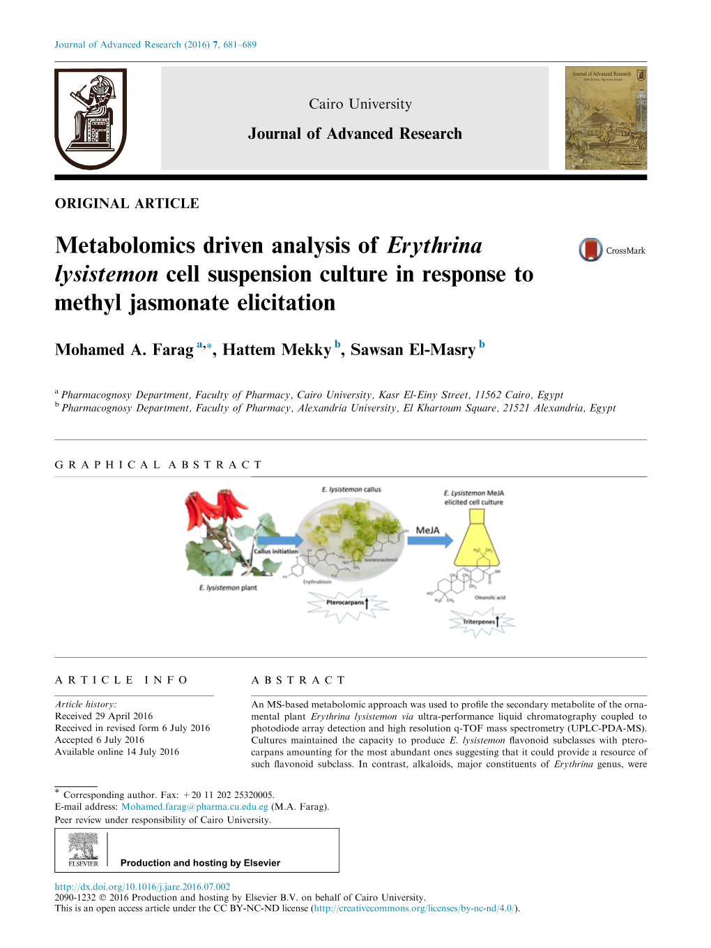 Metabolomics Driven Analysis of Erythrina Lysistemon Cell Suspension Culture in Response to Methyl Jasmonate Elicitation