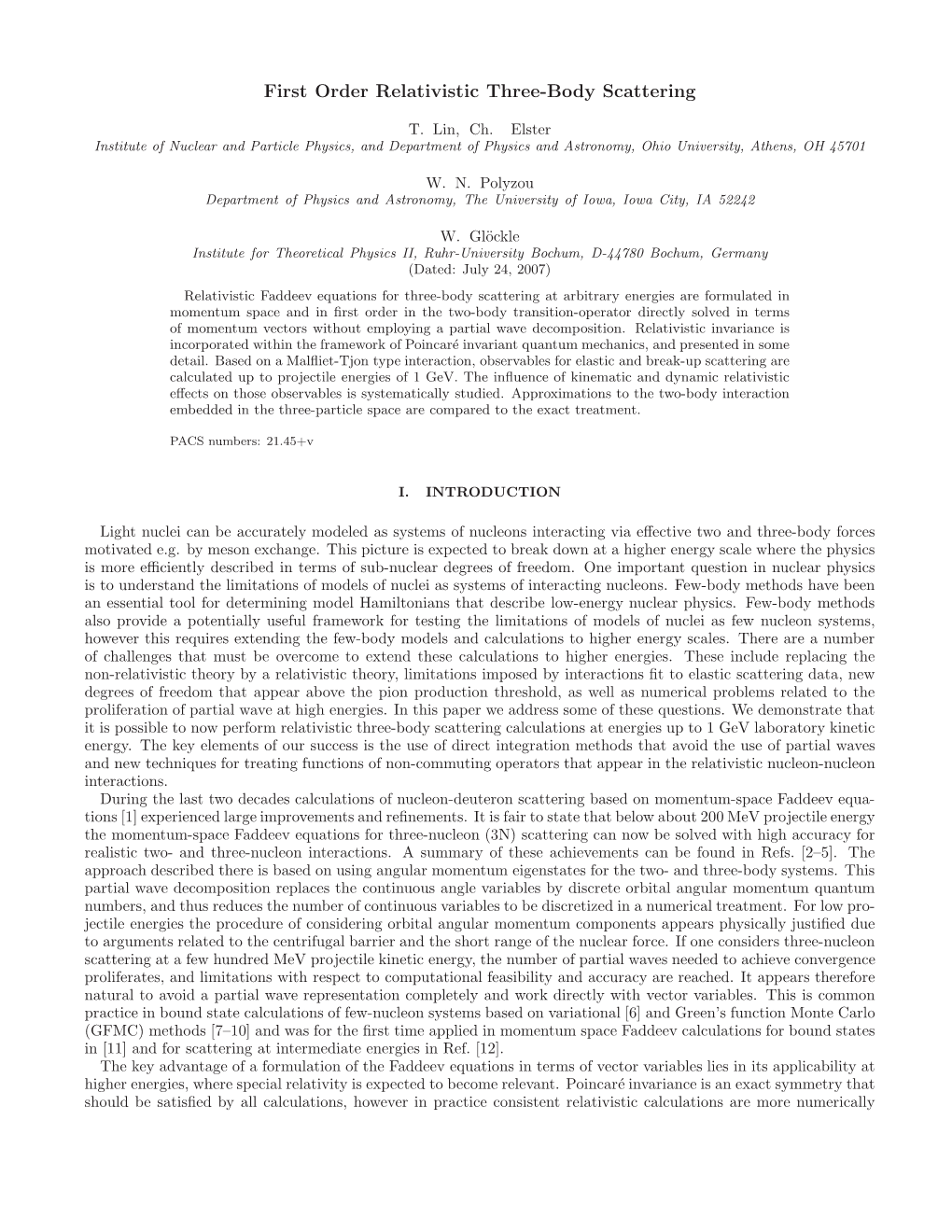 First Order Relativistic Three-Body Scattering