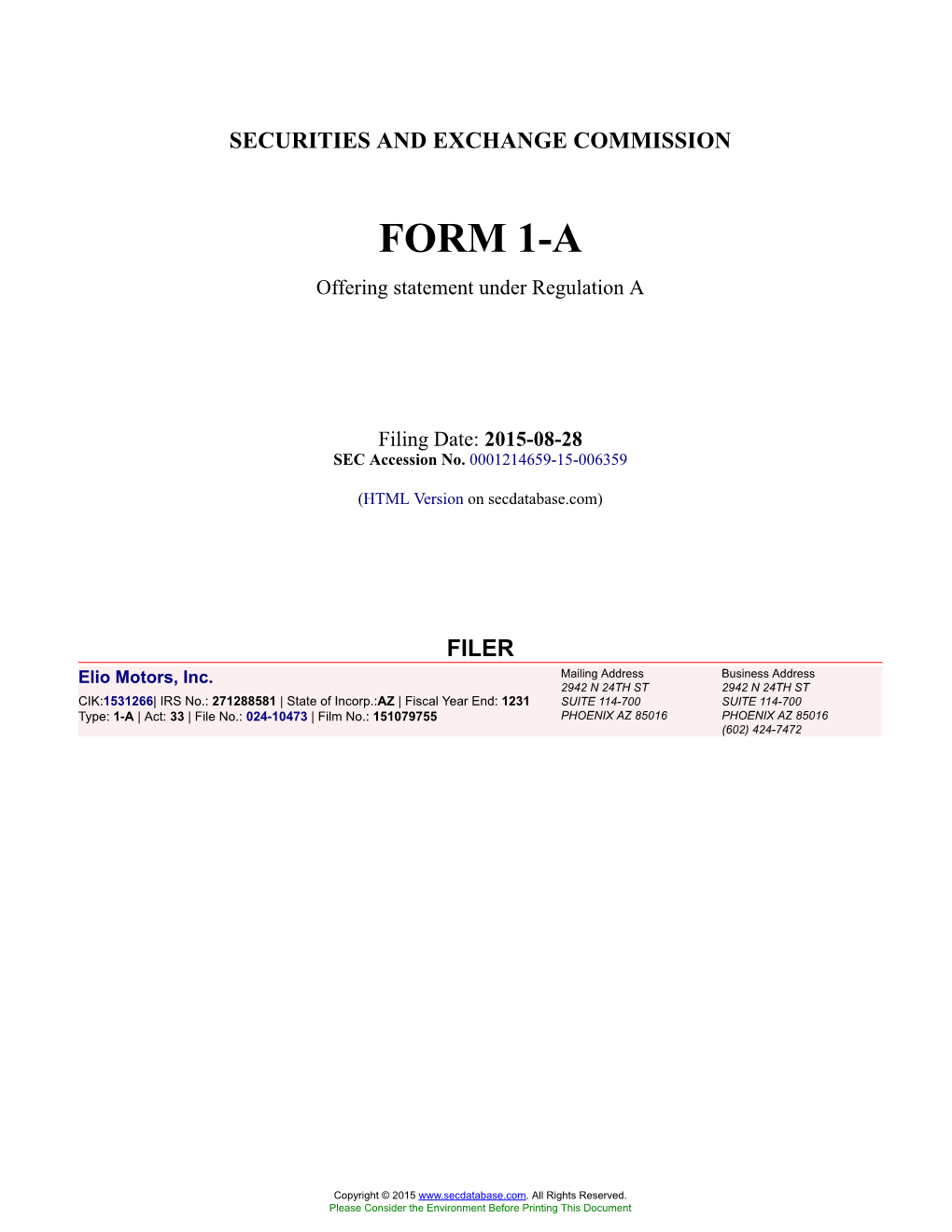 Elio Motors, Inc. Form 1-A Filed 2015-08-28
