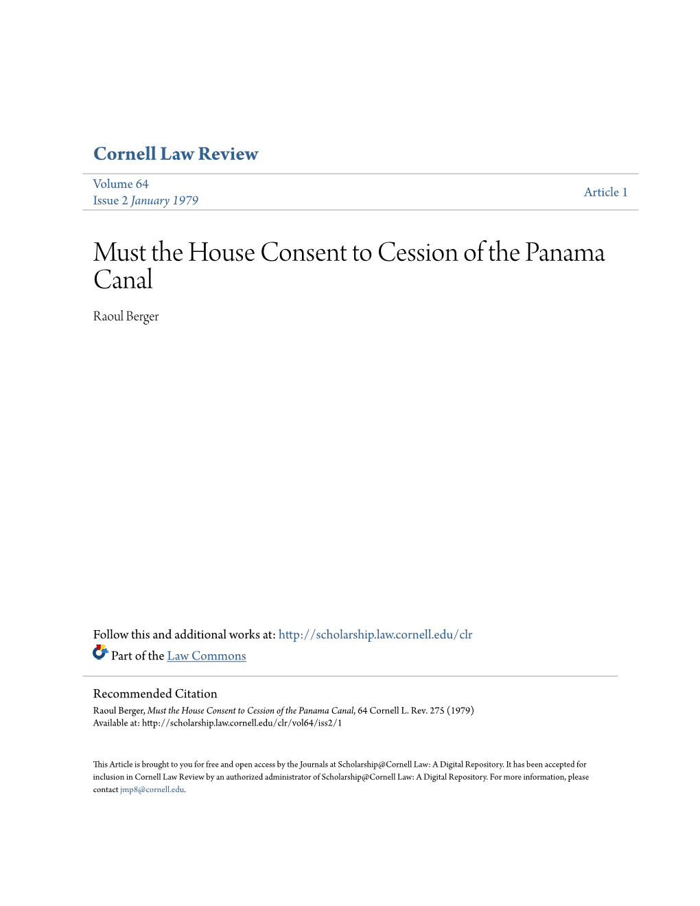 Must the House Consent to Cession of the Panama Canal Raoul Berger