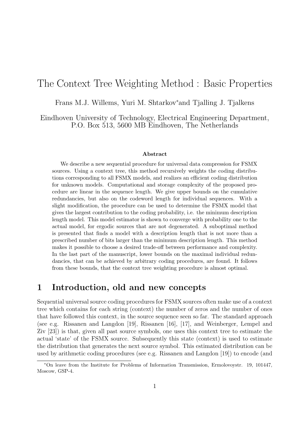 The Context Tree Weighting Method : Basic Properties