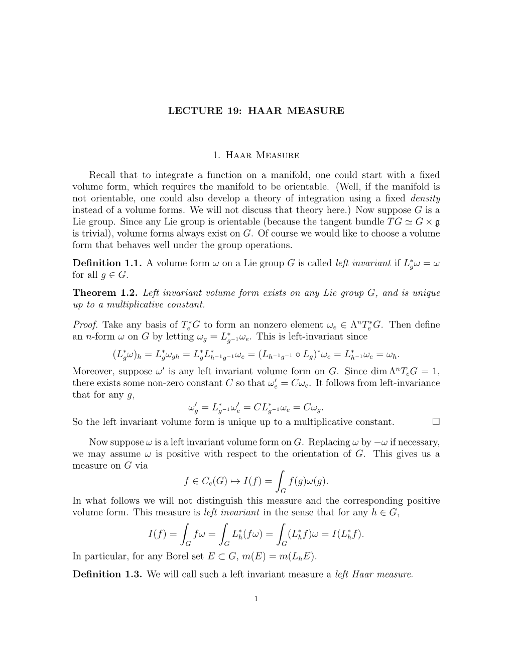 LECTURE 19: HAAR MEASURE 1. Haar Measure Recall That To