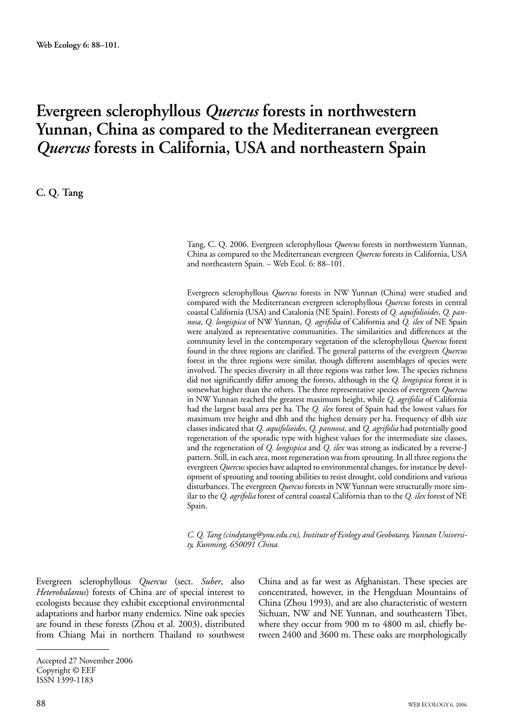 Evergreen Sclerophyllous Quercus Forests in Northwestern Yunnan