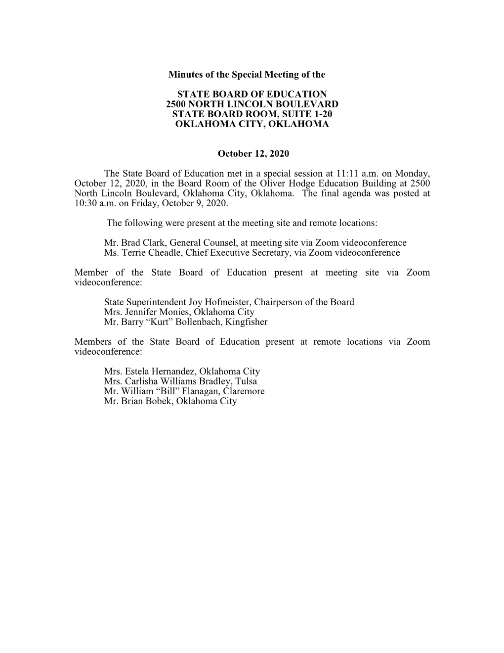 Minutes of the Special Meeting of the STATE BOARD of EDUCATION