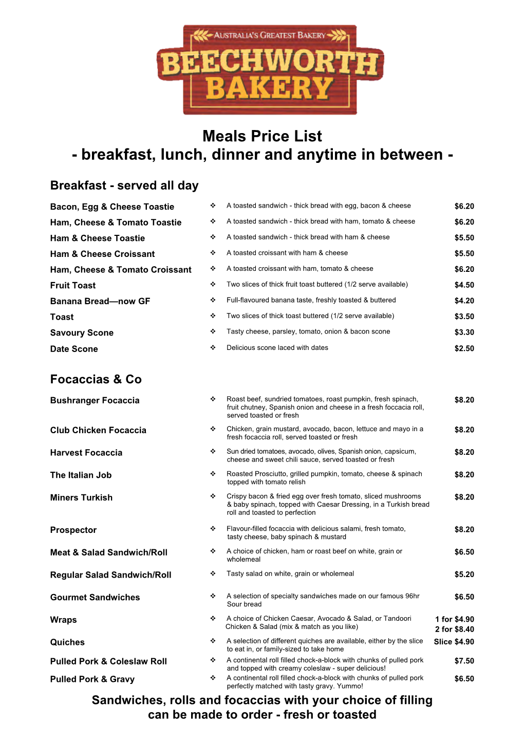 Meals Price List - Breakfast, Lunch, Dinner and Anytime in Between