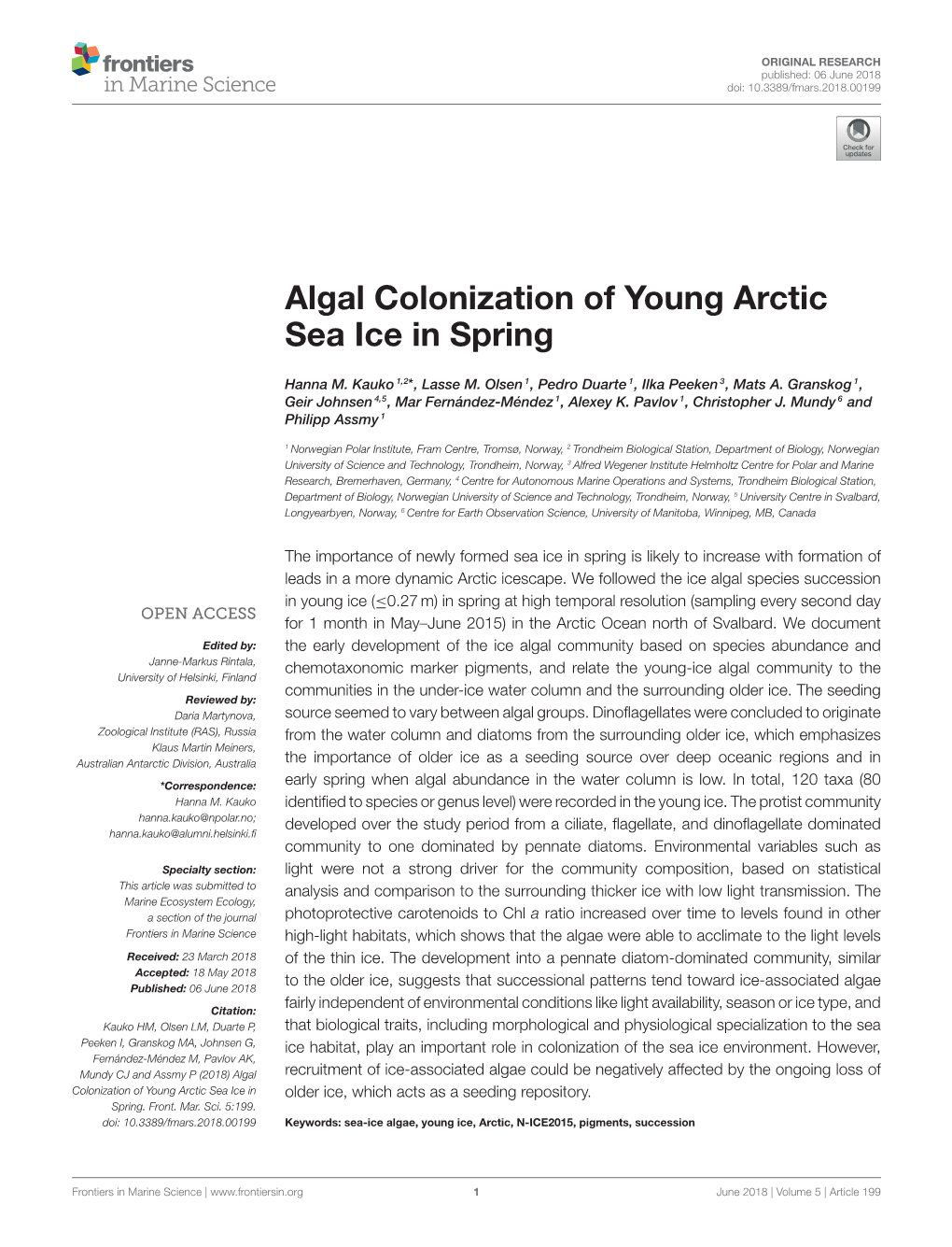 Algal Colonization of Young Arctic Sea Ice in Spring