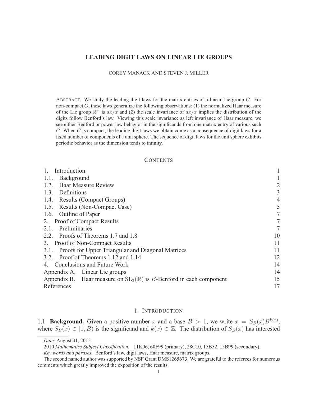 LEADING DIGIT LAWS on LINEAR LIE GROUPS 1. Introduction 1 1.1