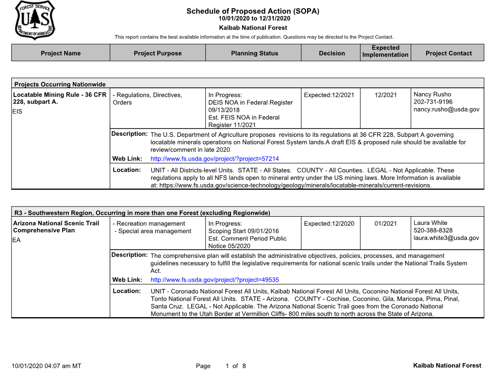 Schedule of Proposed Action (SOPA) 10/01/2020 to 12/31/2020 Kaibab National Forest This Report Contains the Best Available Information at the Time of Publication