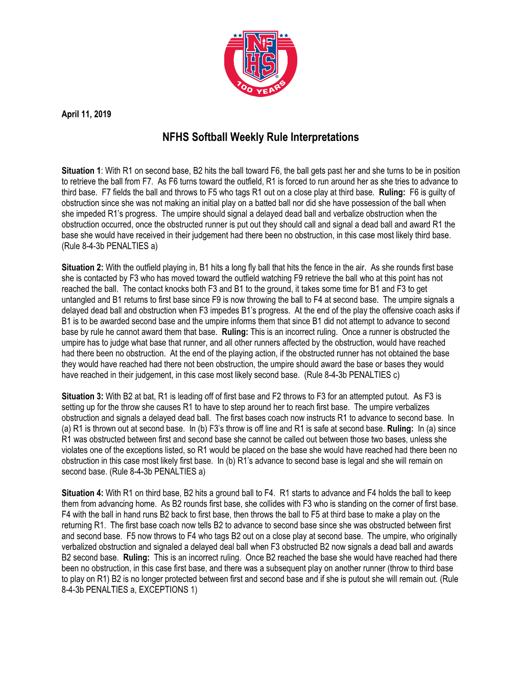 NFHS Softball Weekly Rule Interpretations