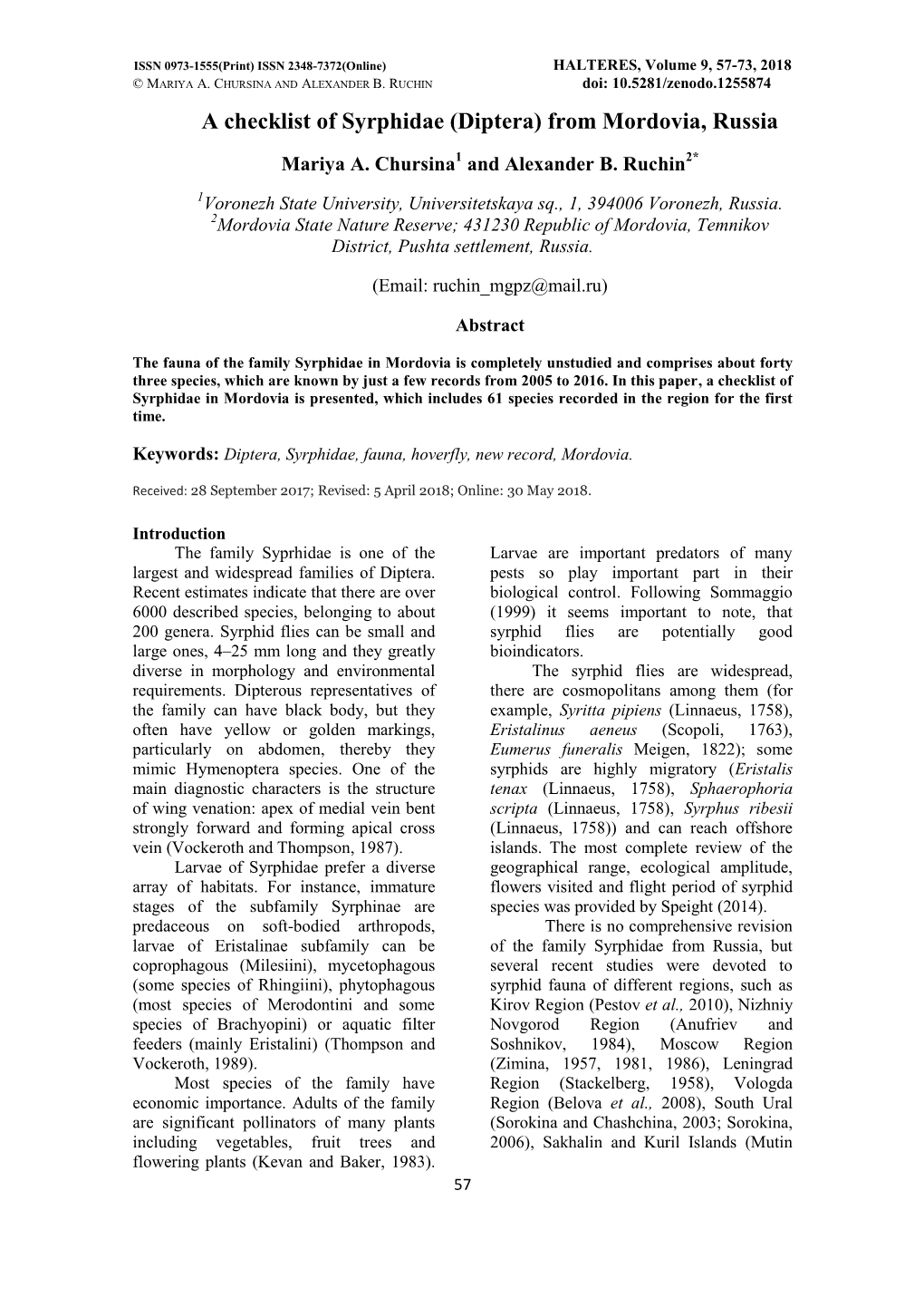 A Checklist of Syrphidae (Diptera) from Mordovia, Russia