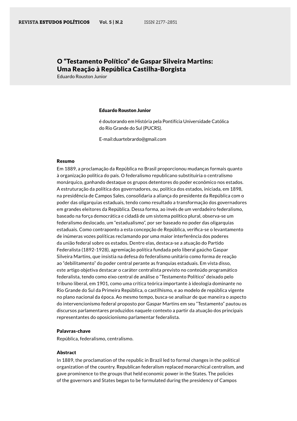 O “Testamento Político” De Gaspar Silveira Martins: Uma Reação À República Castilha-Borgista Eduardo Rouston Junior
