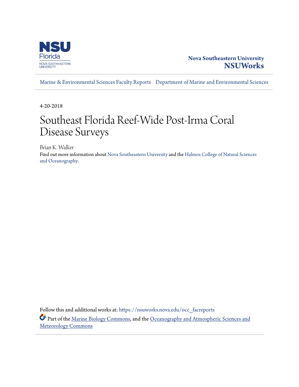 Southeast Florida Reef-Wide Post-Irma Coral Disease Surveys Brian K