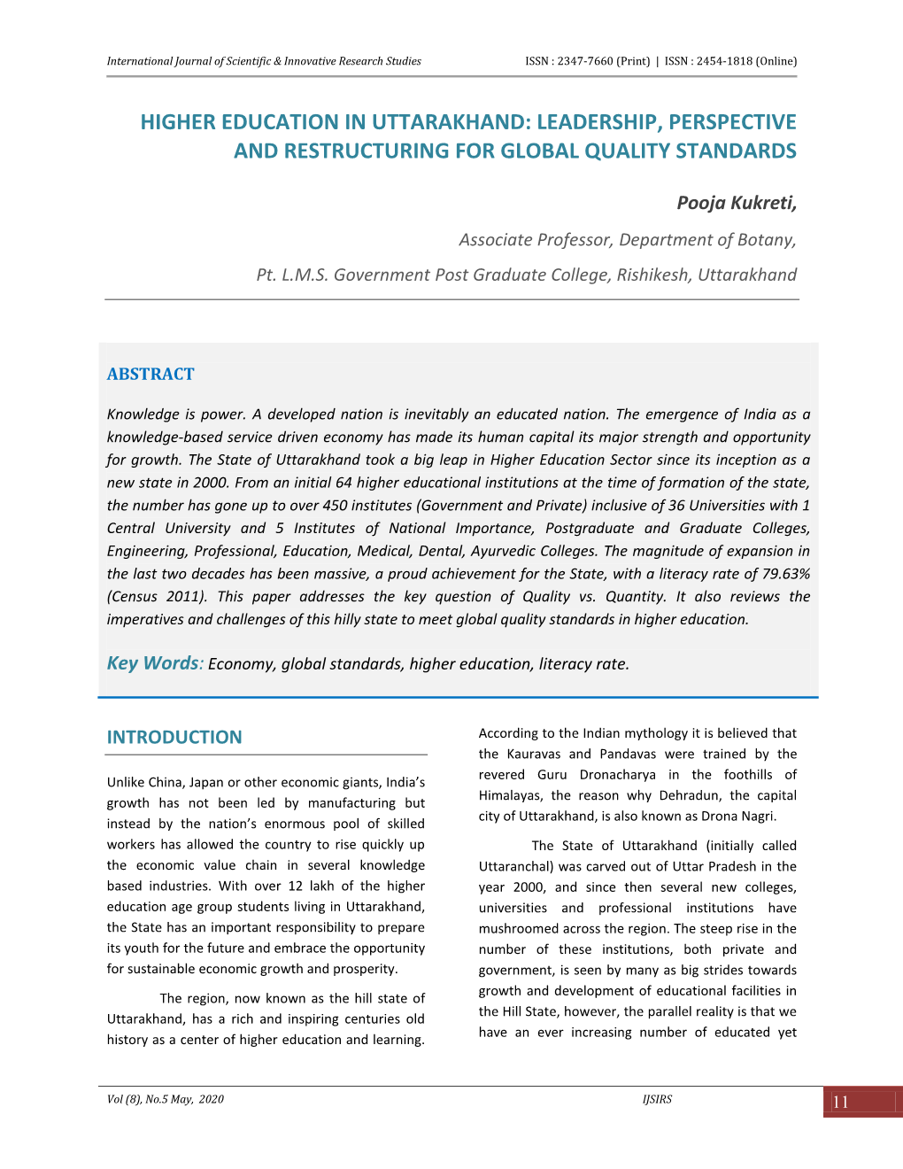 Higher Education in Uttarakhand: Leadership, Perspective and Restructuring for Global Quality Standards