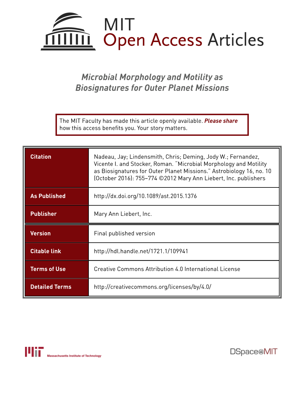 Microbial Morphology and Motility As Biosignatures for Outer Planet Missions