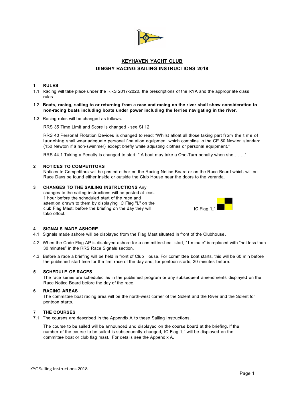 Page KYC Sailing Instructions 2018 KEYHAVEN YACHT CLUB