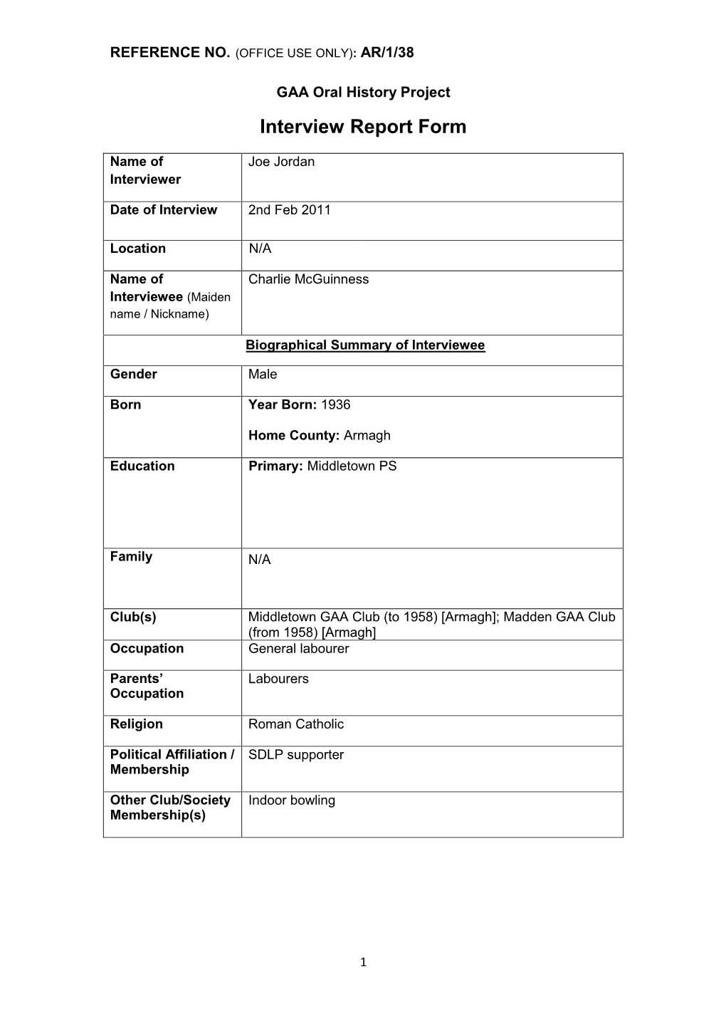 GAA Oral History Project Interview Report Form