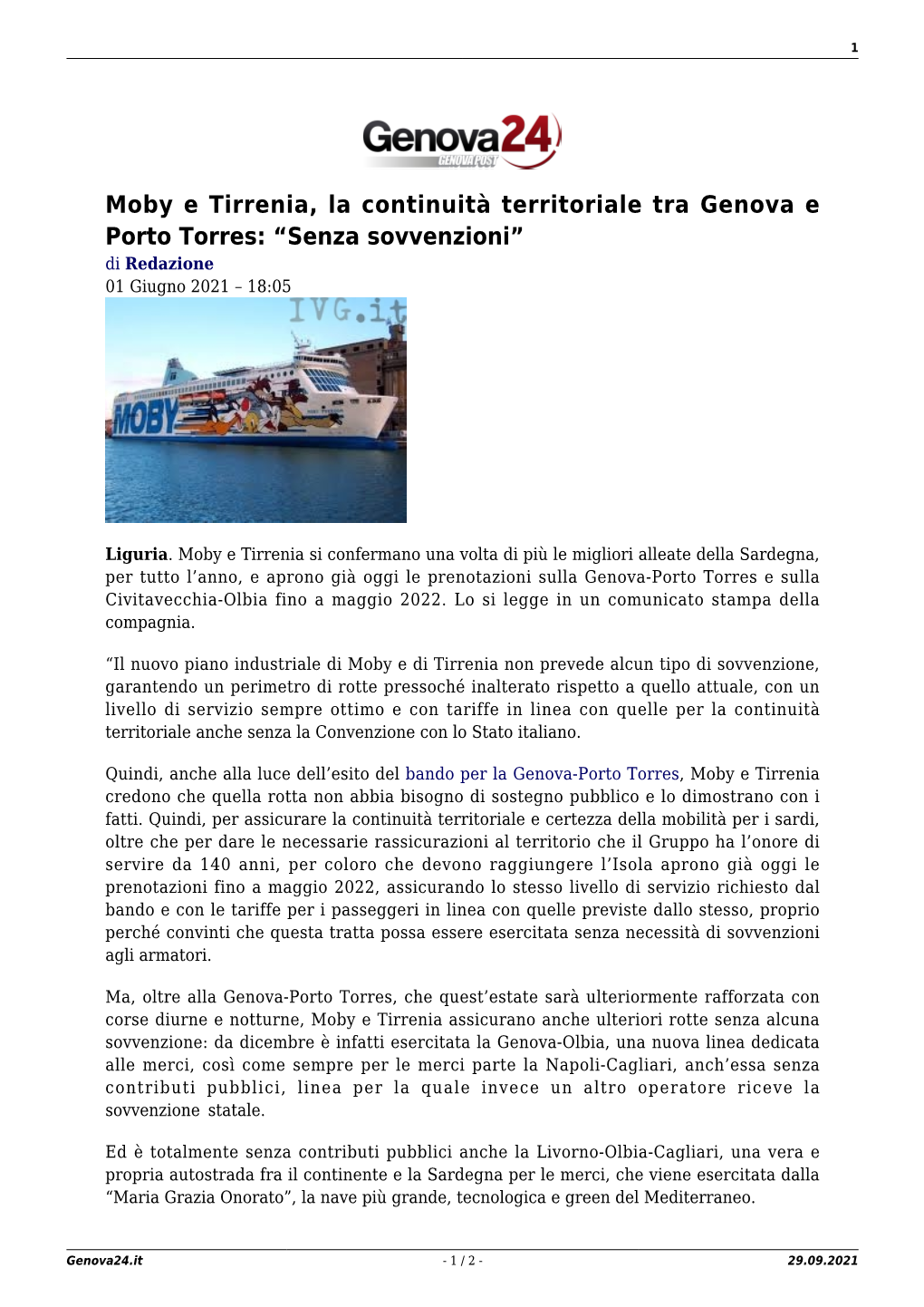 Moby E Tirrenia, La Continuità Territoriale Tra Genova E Porto Torres: “Senza Sovvenzioni” Di Redazione 01 Giugno 2021 – 18:05