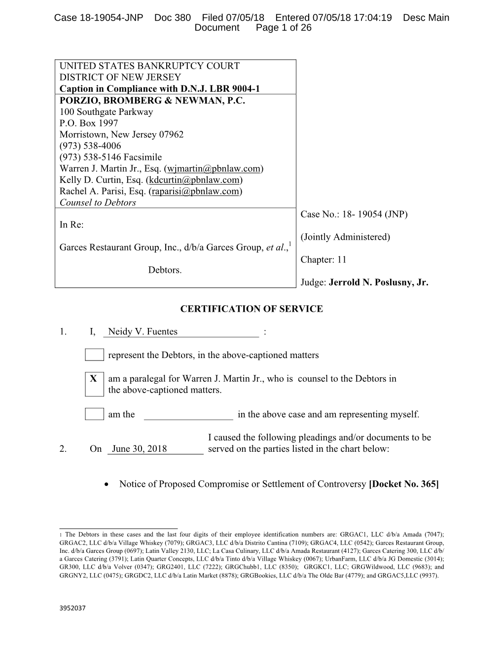 Case 18-19054-JNP Doc 380 Filed 07/05/18 Entered 07/05/18 17:04:19 Desc Main Document Page 1 of 26