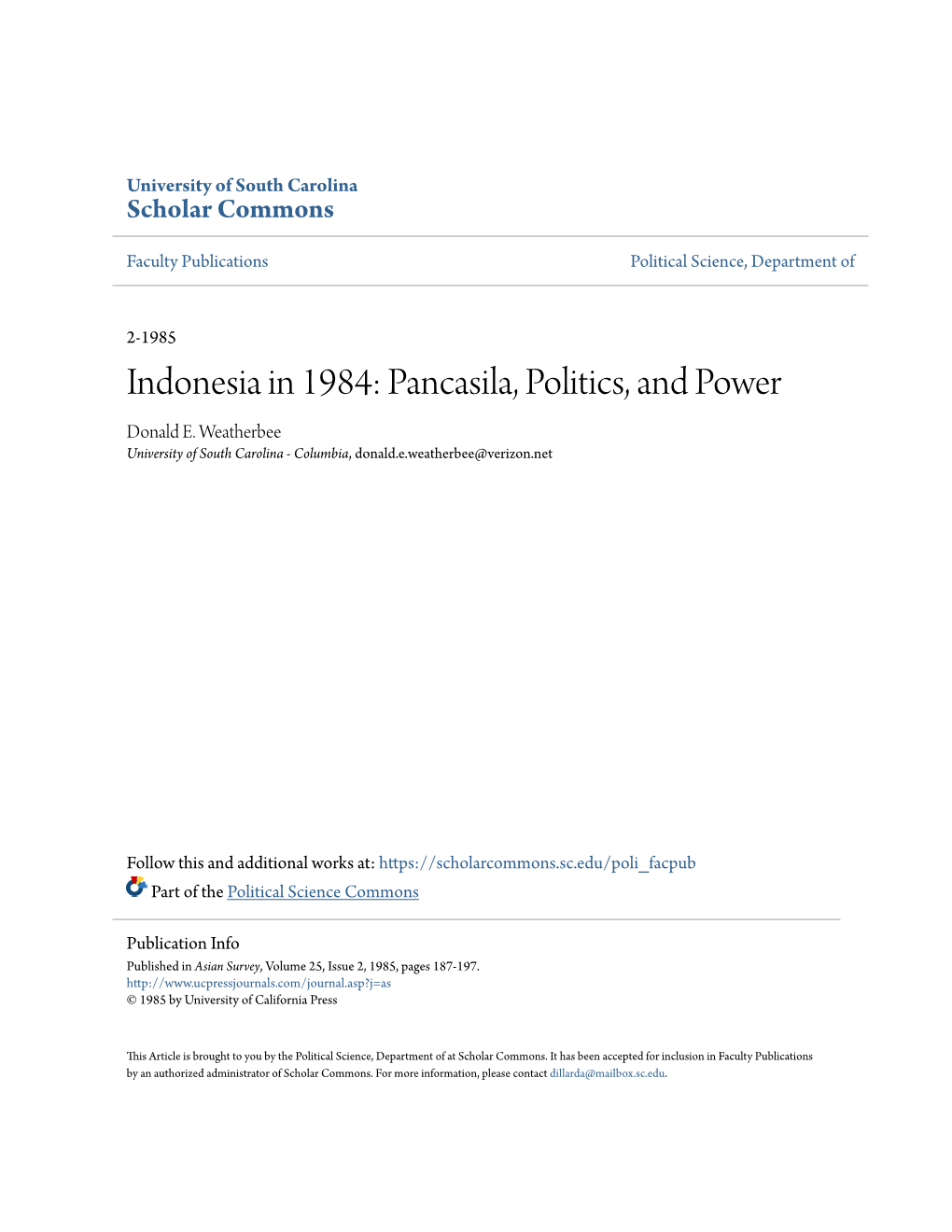 Indonesia in 1984: Pancasila, Politics, and Power Donald E