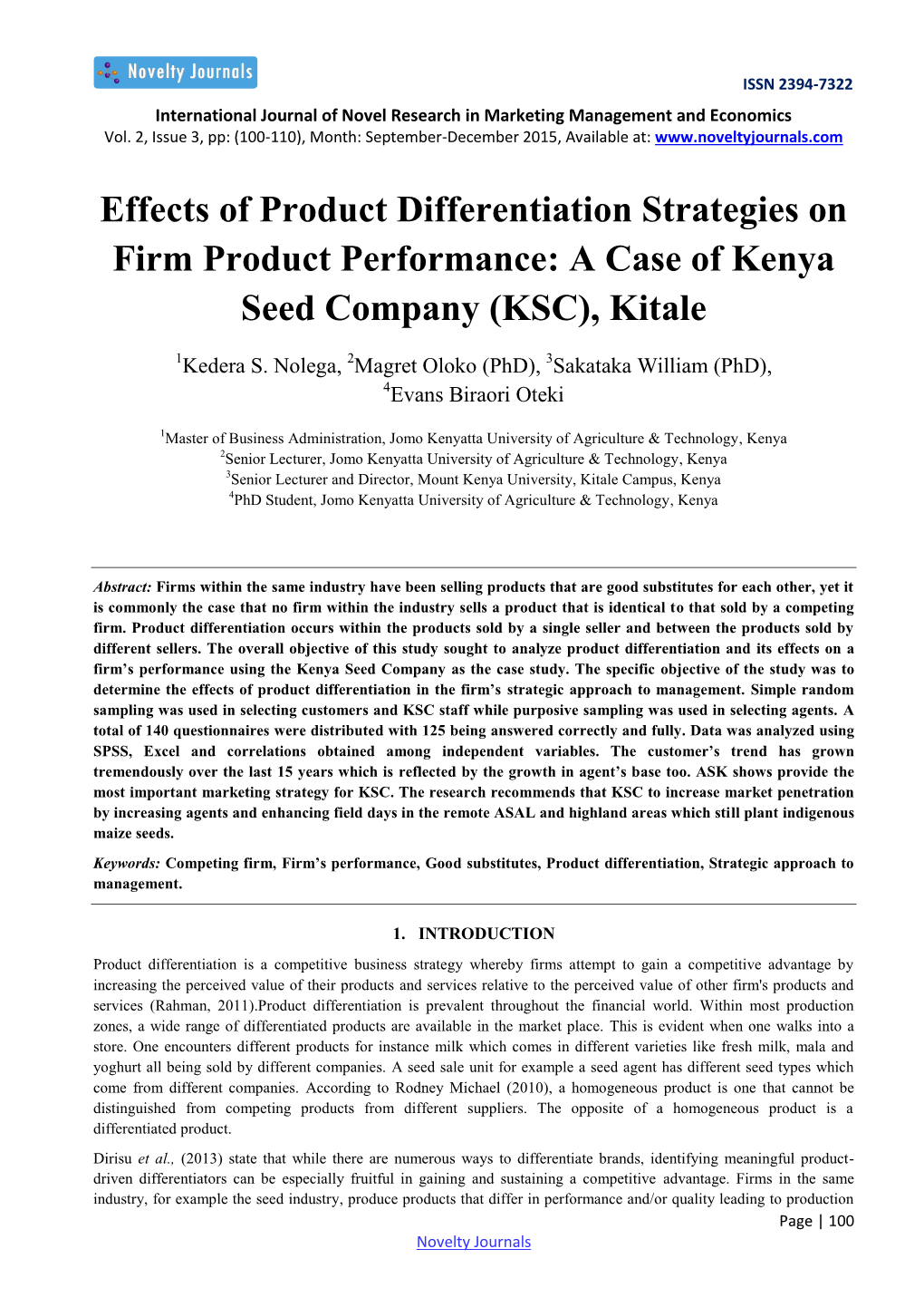 Effects of Product Differentiation Strategies on Firm Product Performance: a Case of Kenya Seed Company (KSC), Kitale