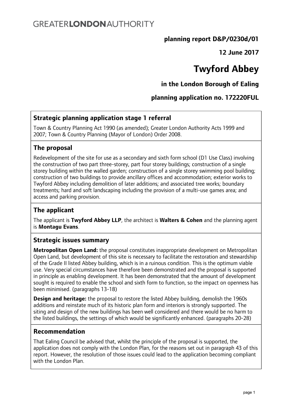 Twyford Abbey in the London Borough of Ealing Planning Application No
