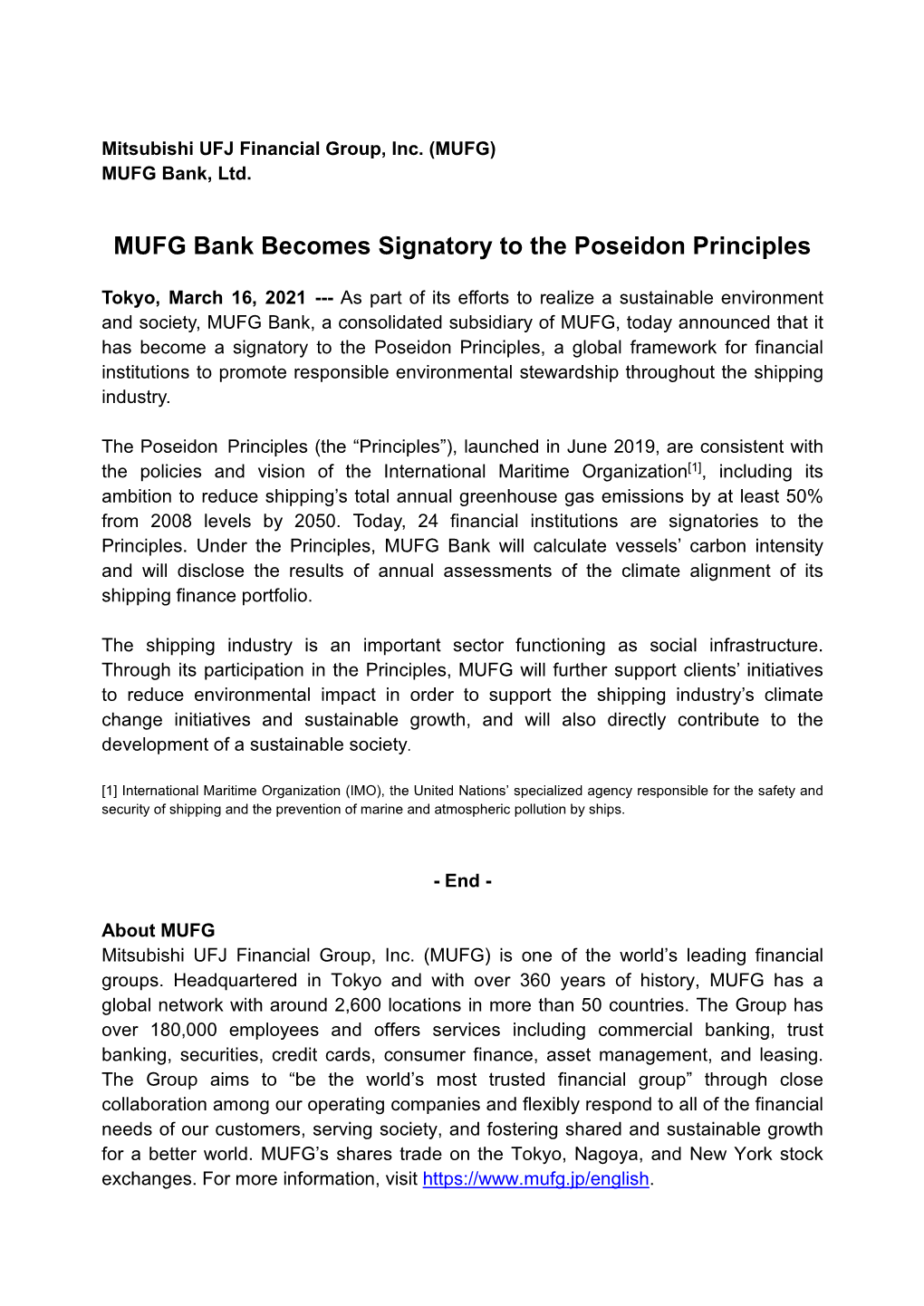 MUFG Bank Becomes Signatory to the Poseidon Principles （PDF / 99KB）