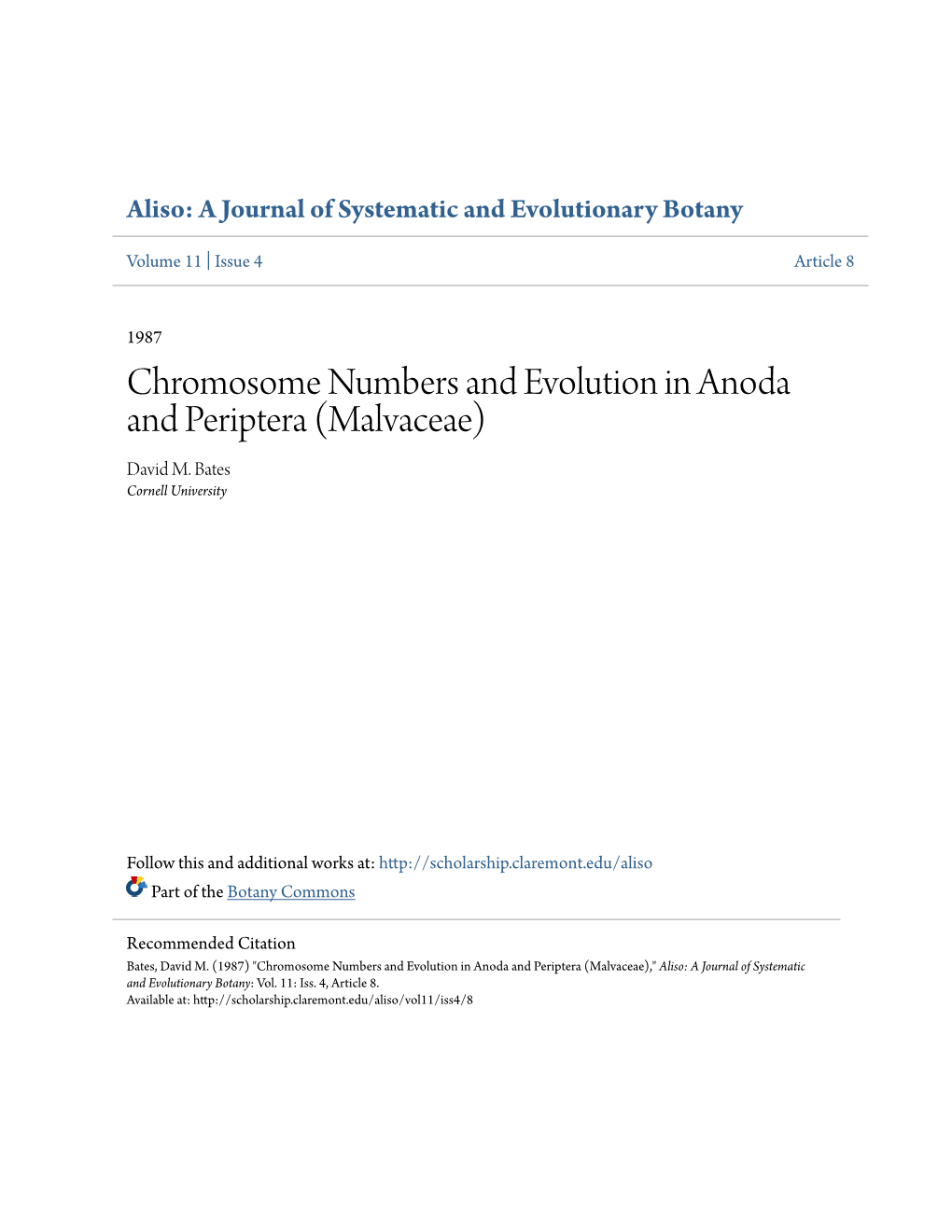 Chromosome Numbers and Evolution in Anoda and Periptera (Malvaceae) David M