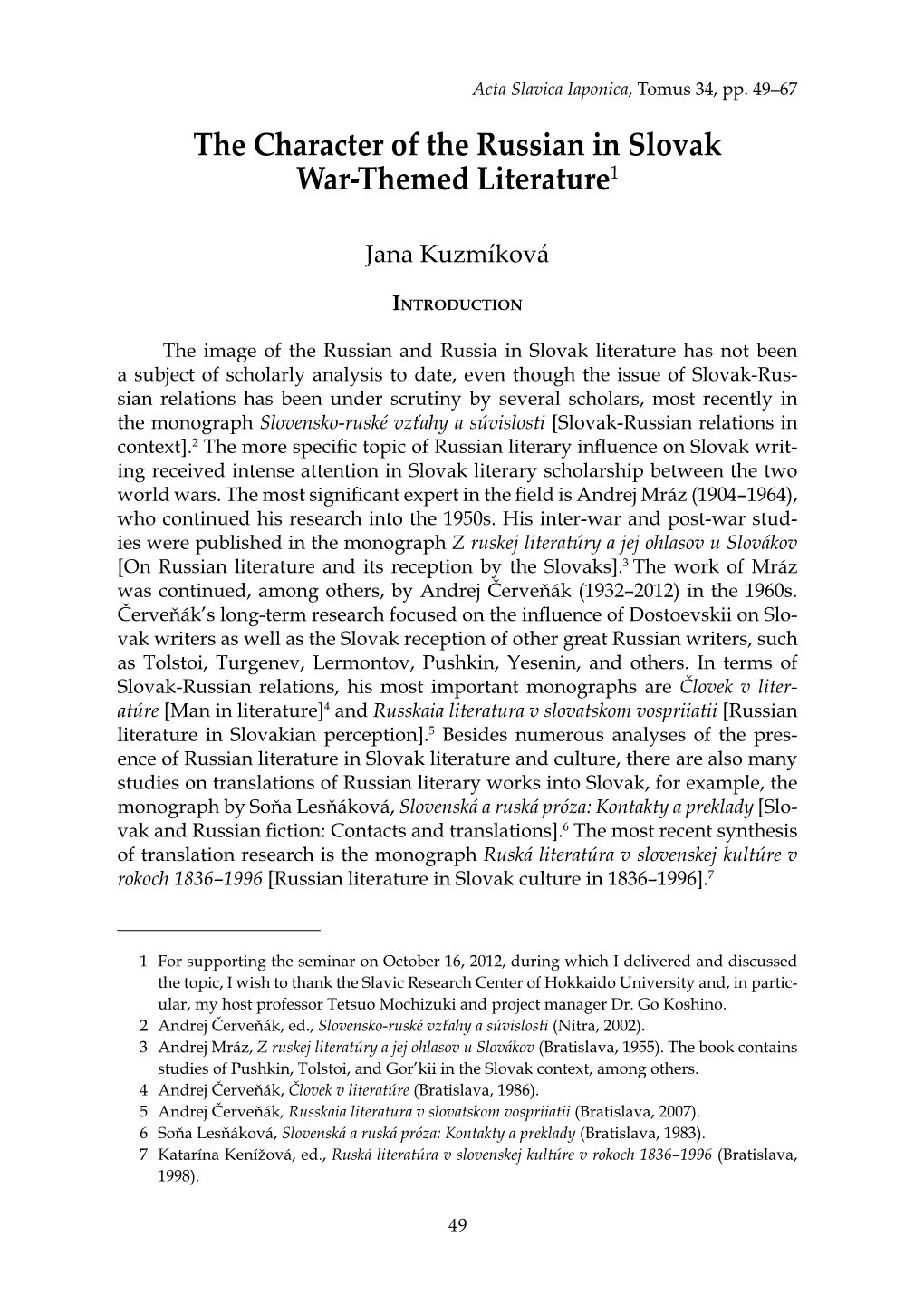 The Character of the Russian in Slovak War-Themed Literature1