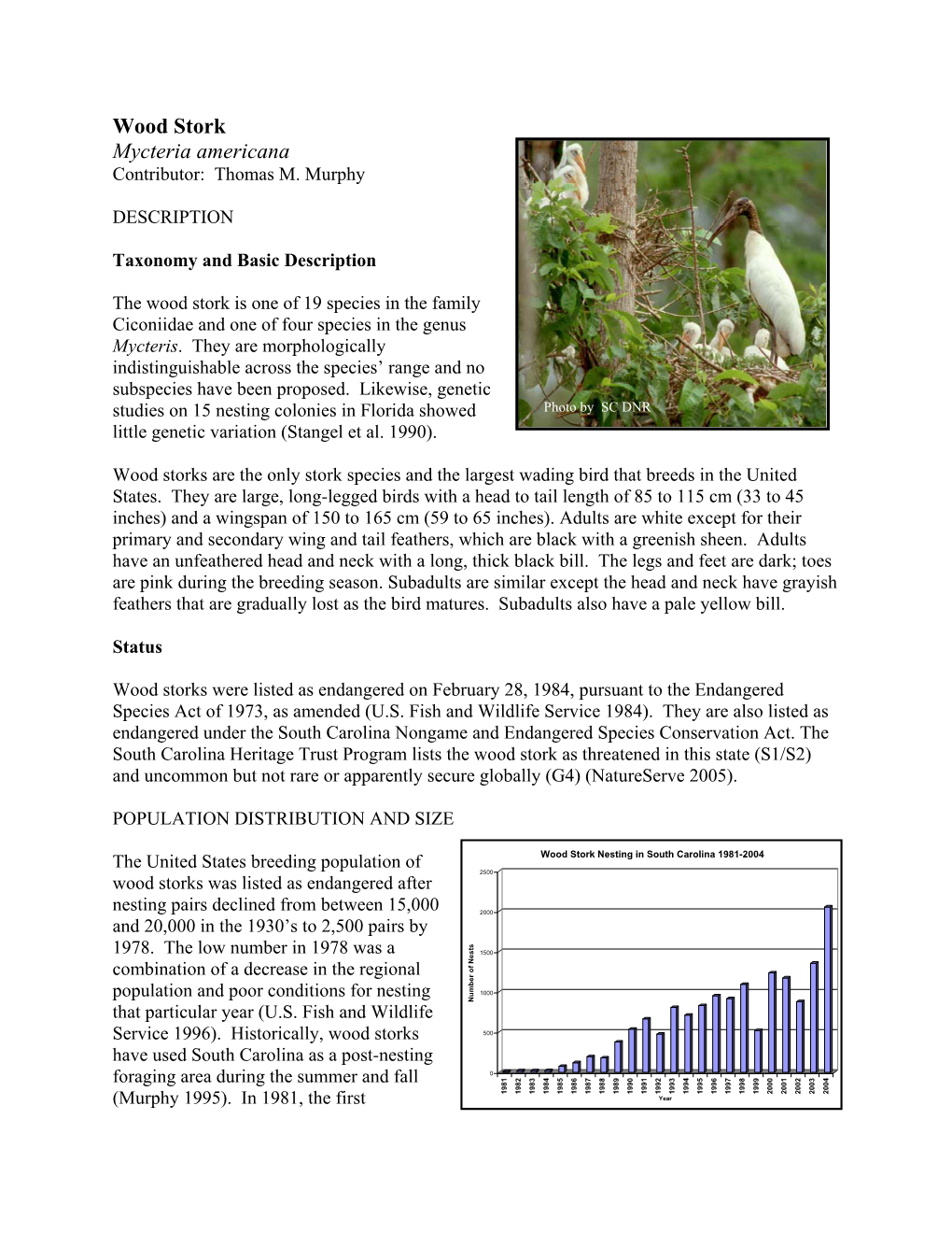 South Carolina Department of Natural Resources Wood Stork Mycteria
