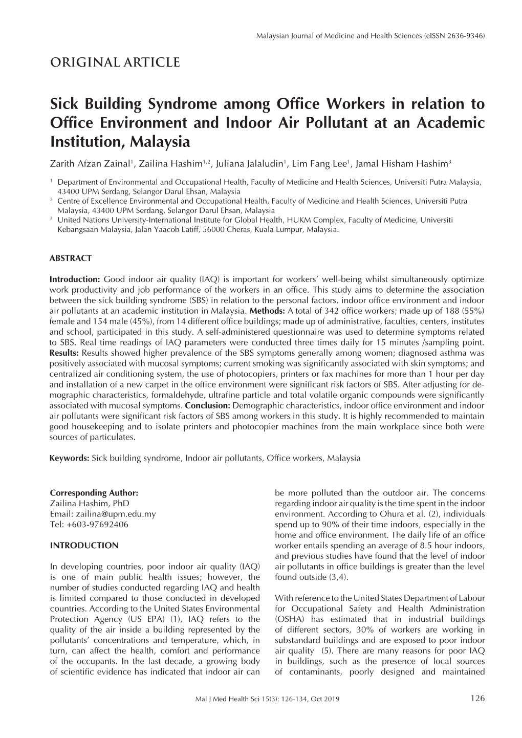 Sick Building Syndrome Among Office Workers in Relation To