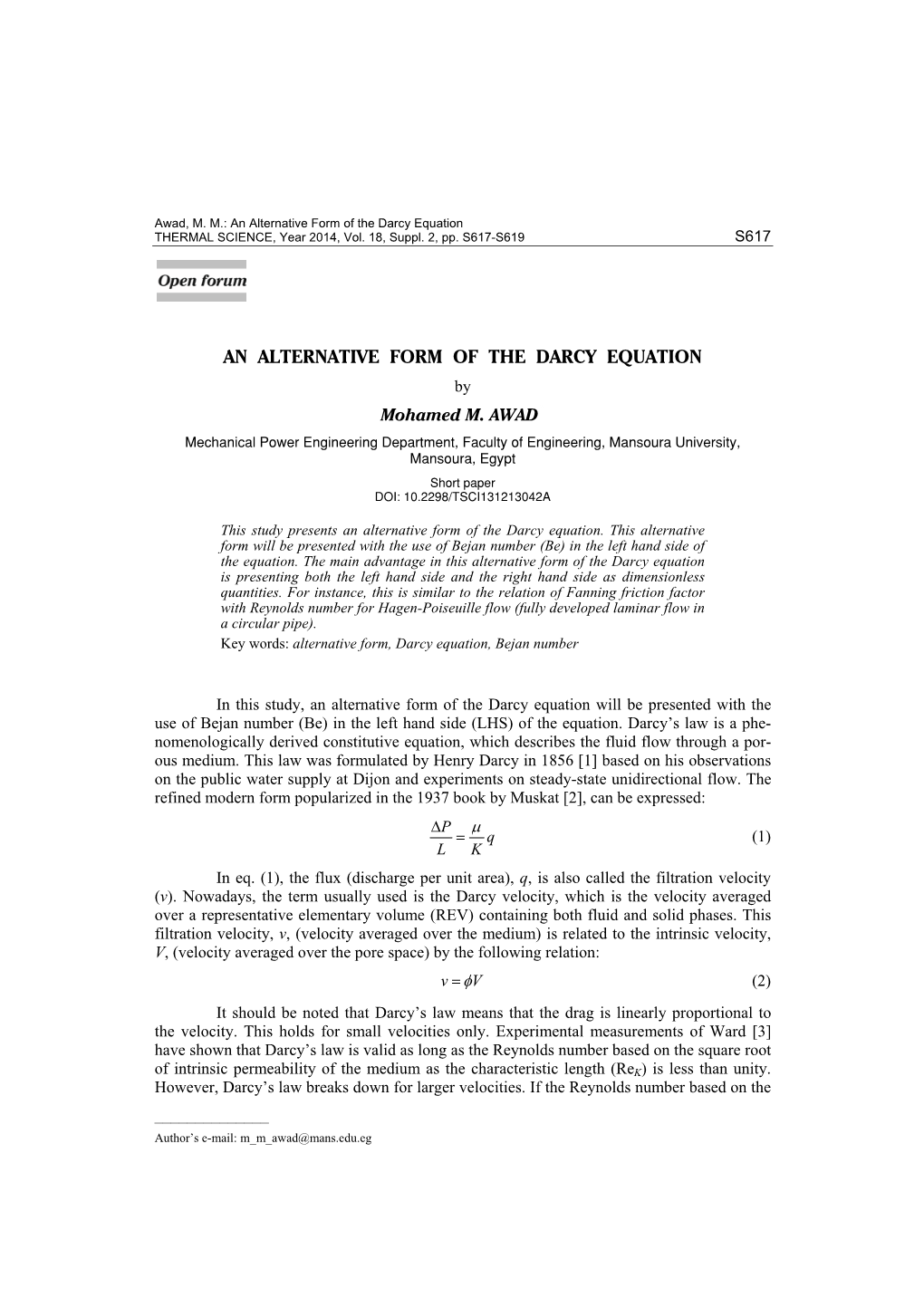 An Alternative Form of the Darcy Equation THERMAL SCIENCE, Year 2014, Vol