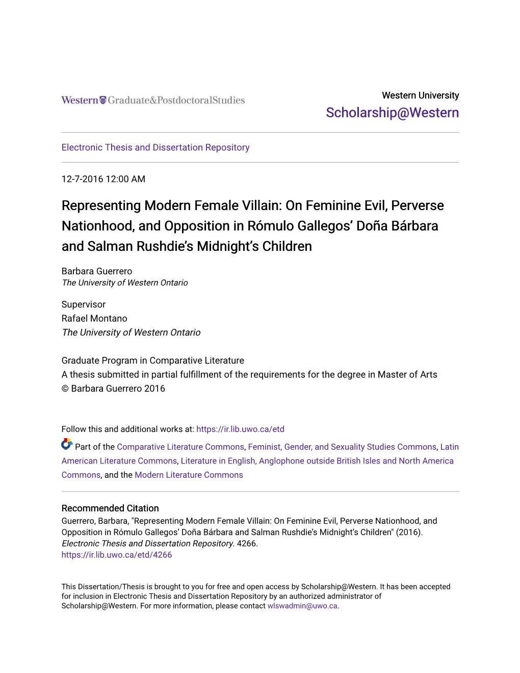 Representing Modern Female Villain: on Feminine Evil, Perverse Nationhood, and Opposition in Rómulo Gallegos’ Doña Bárbara and Salman Rushdie’S Midnight’S Children