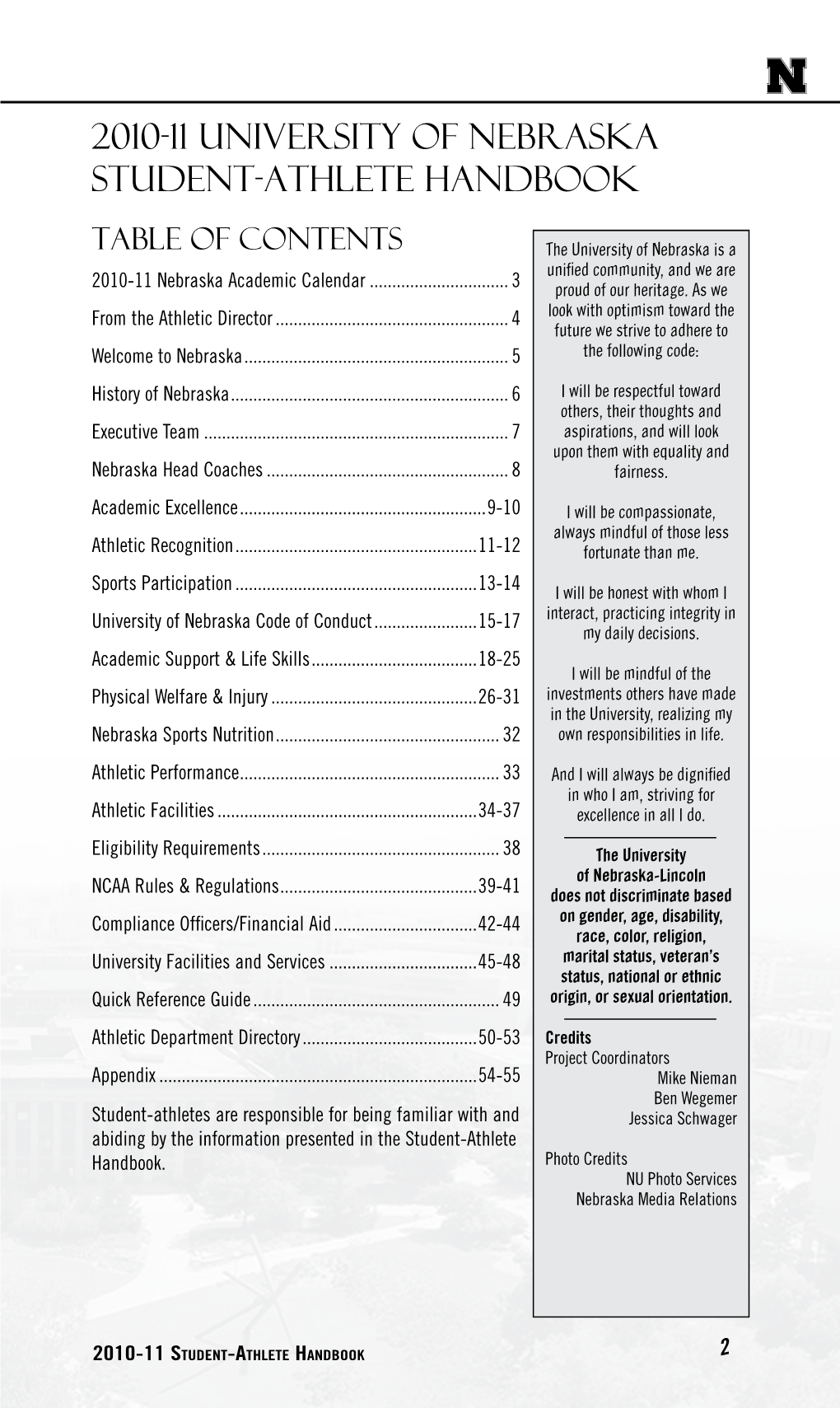 2010-11 University of Nebraska Student-Athlete Handbook