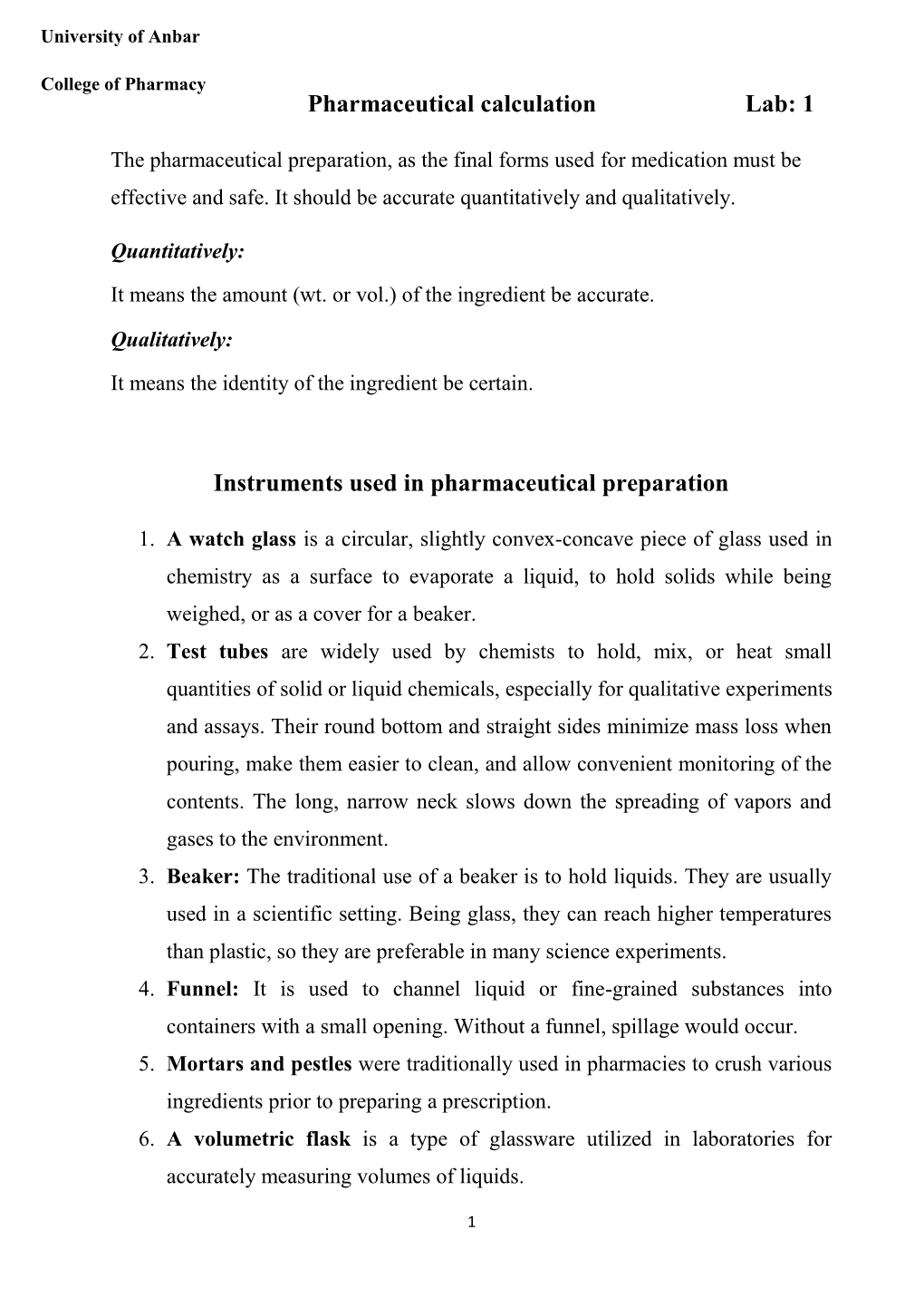 Pharmaceutical Calculation Lab: 1 Instruments Used in Pharmaceutical Preparation