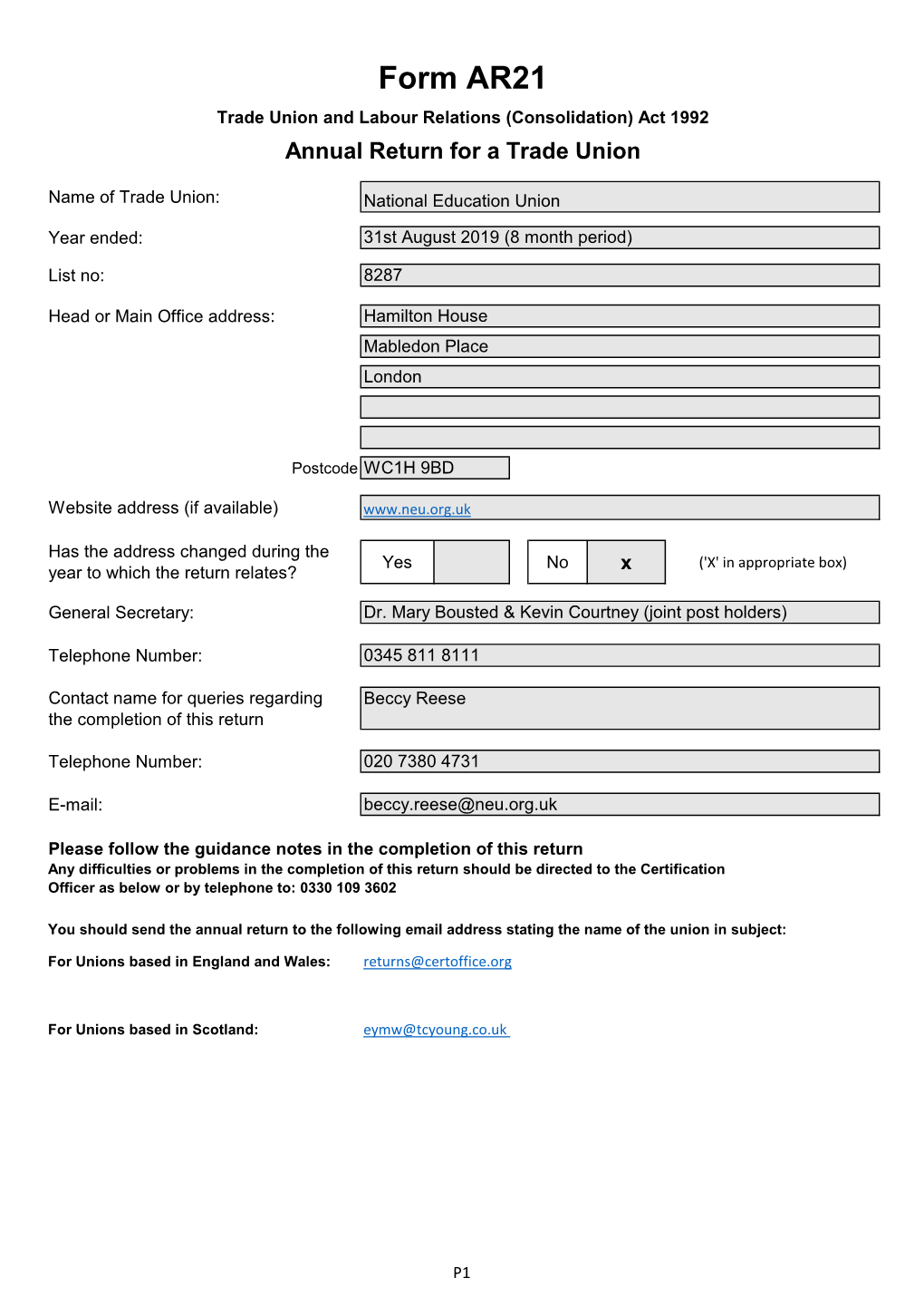 Form AR21 Trade Union and Labour Relations (Consolidation) Act 1992 Annual Return for a Trade Union