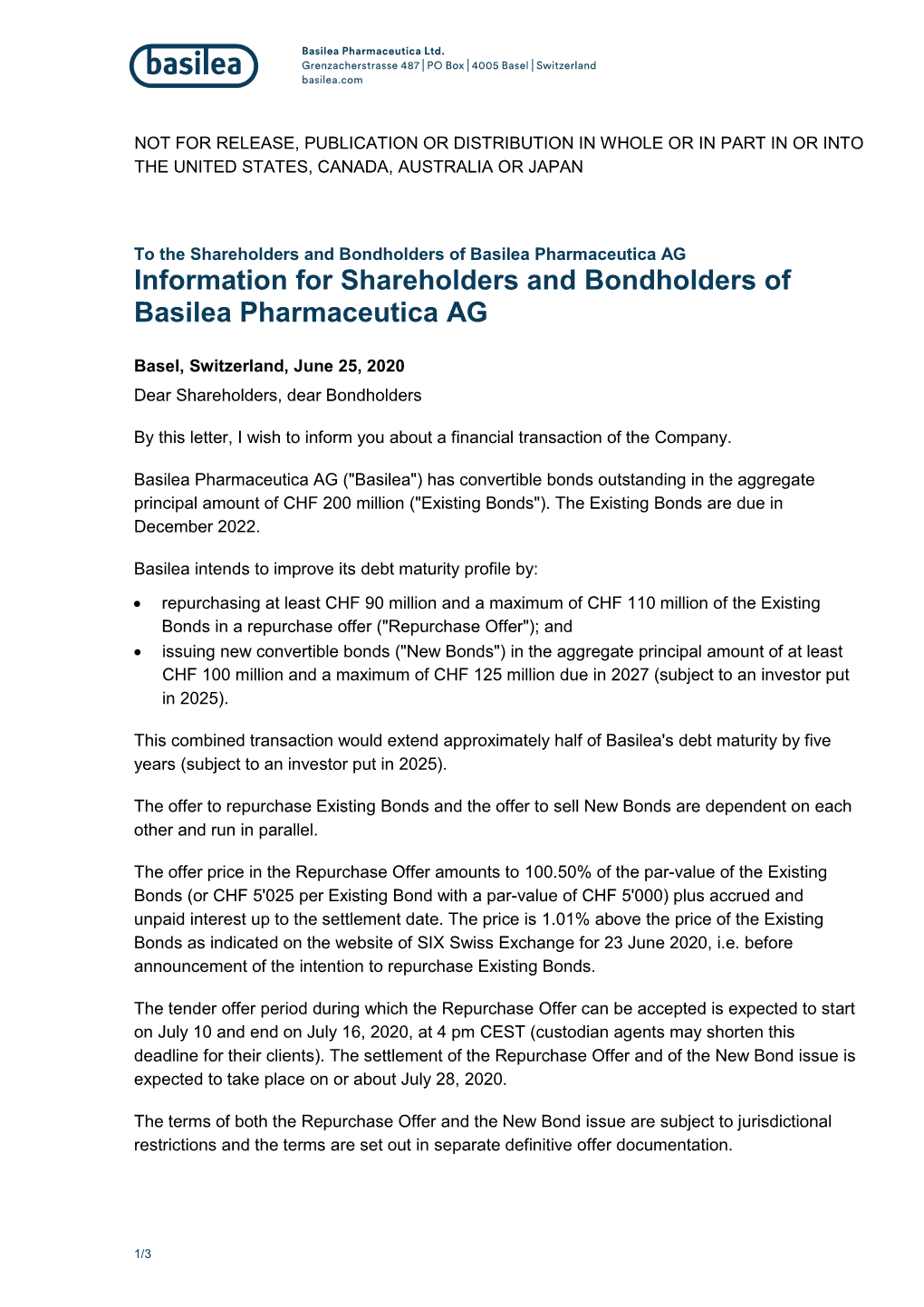 Information for Shareholders and Bondholders of Basilea Pharmaceutica AG