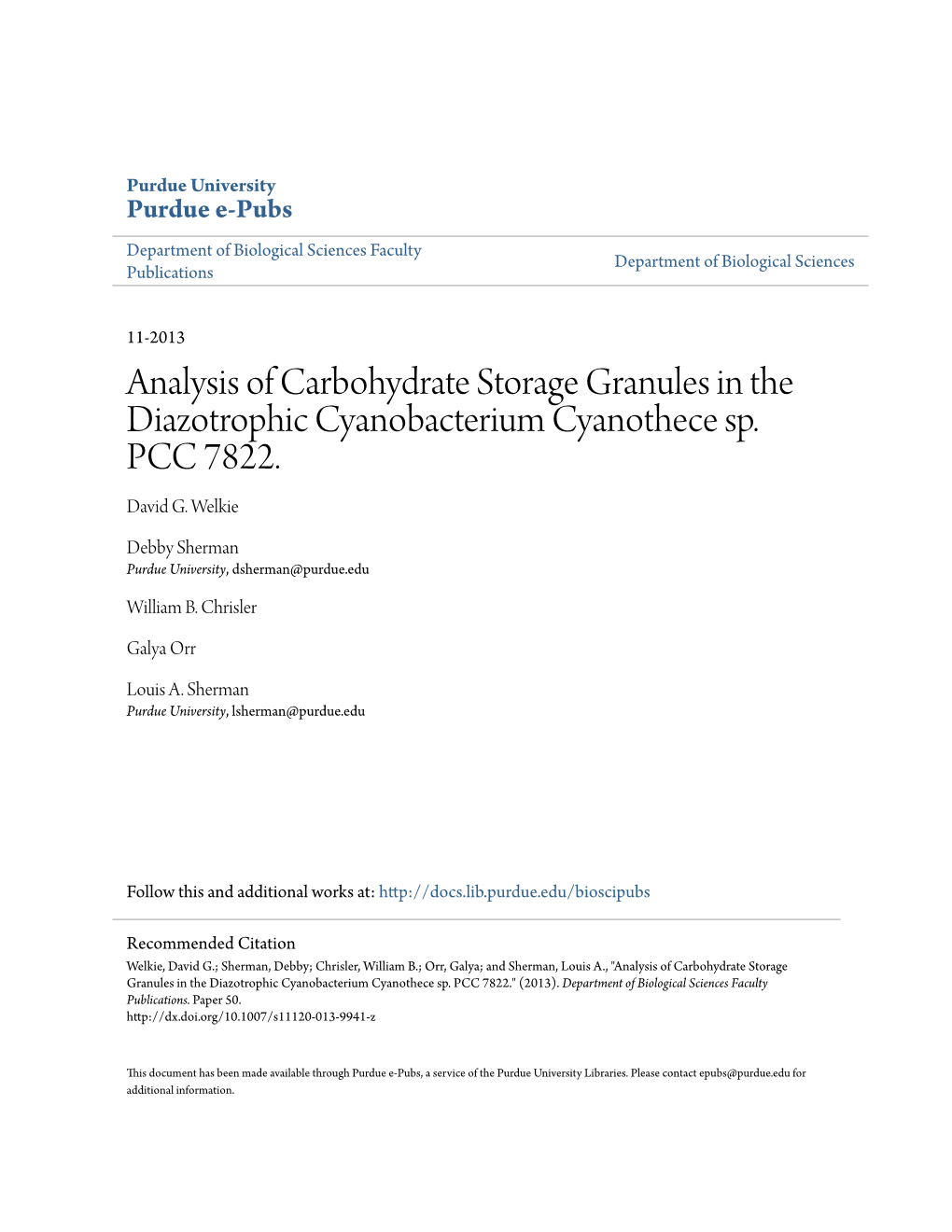 Analysis of Carbohydrate Storage Granules in the Diazotrophic Cyanobacterium Cyanothece Sp