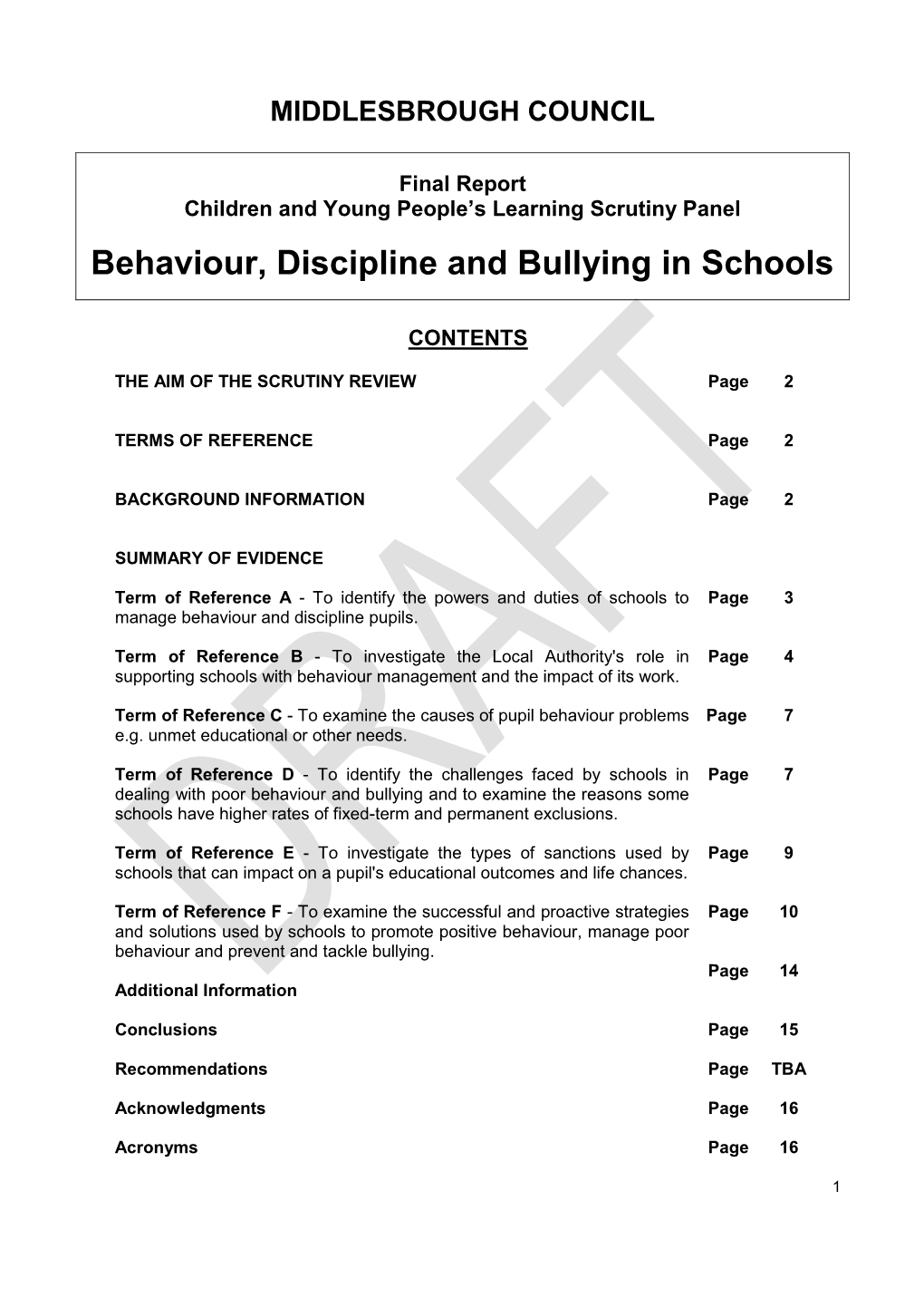 Behaviour, Discipline and Bullying in Schools