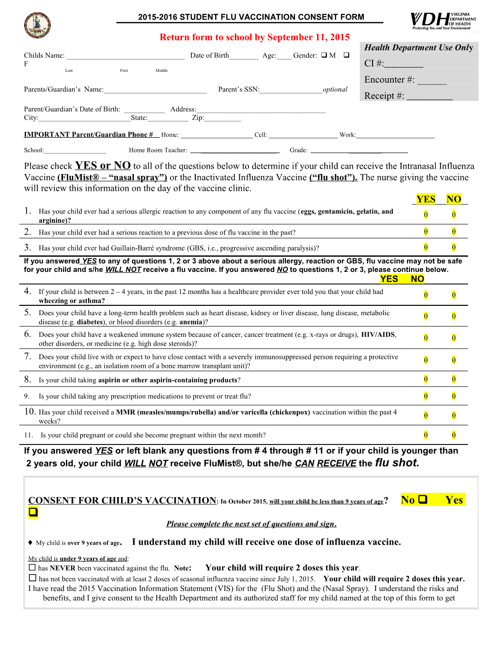 STUDENT Influenza Vaccination Consent Form